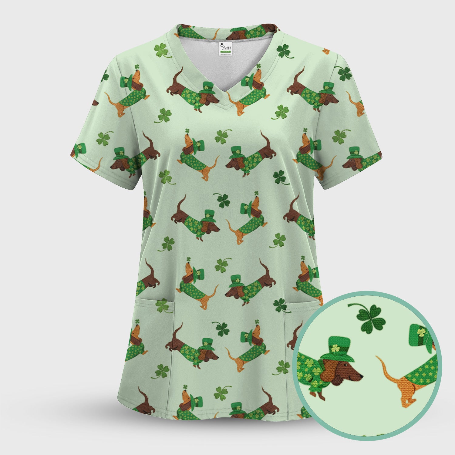 St. Patrick’s Day Dachshund Scrub Top, Funny Wiener Dog Nurse Shirt, Breathable Fabrics Nursing Uniform