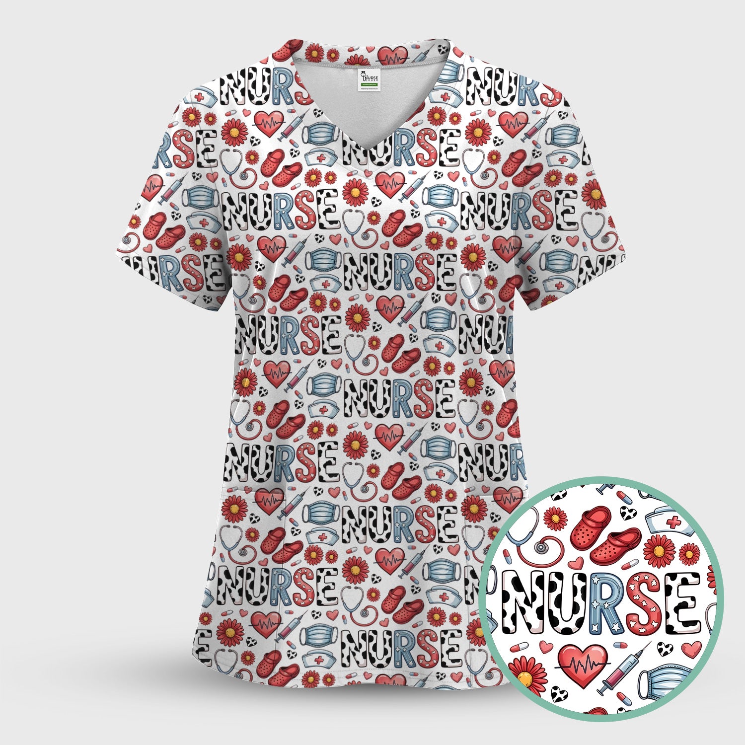 Cute Nurse Medical Icon Pattern Scrub Set, Scrub Pants and V Neck Top