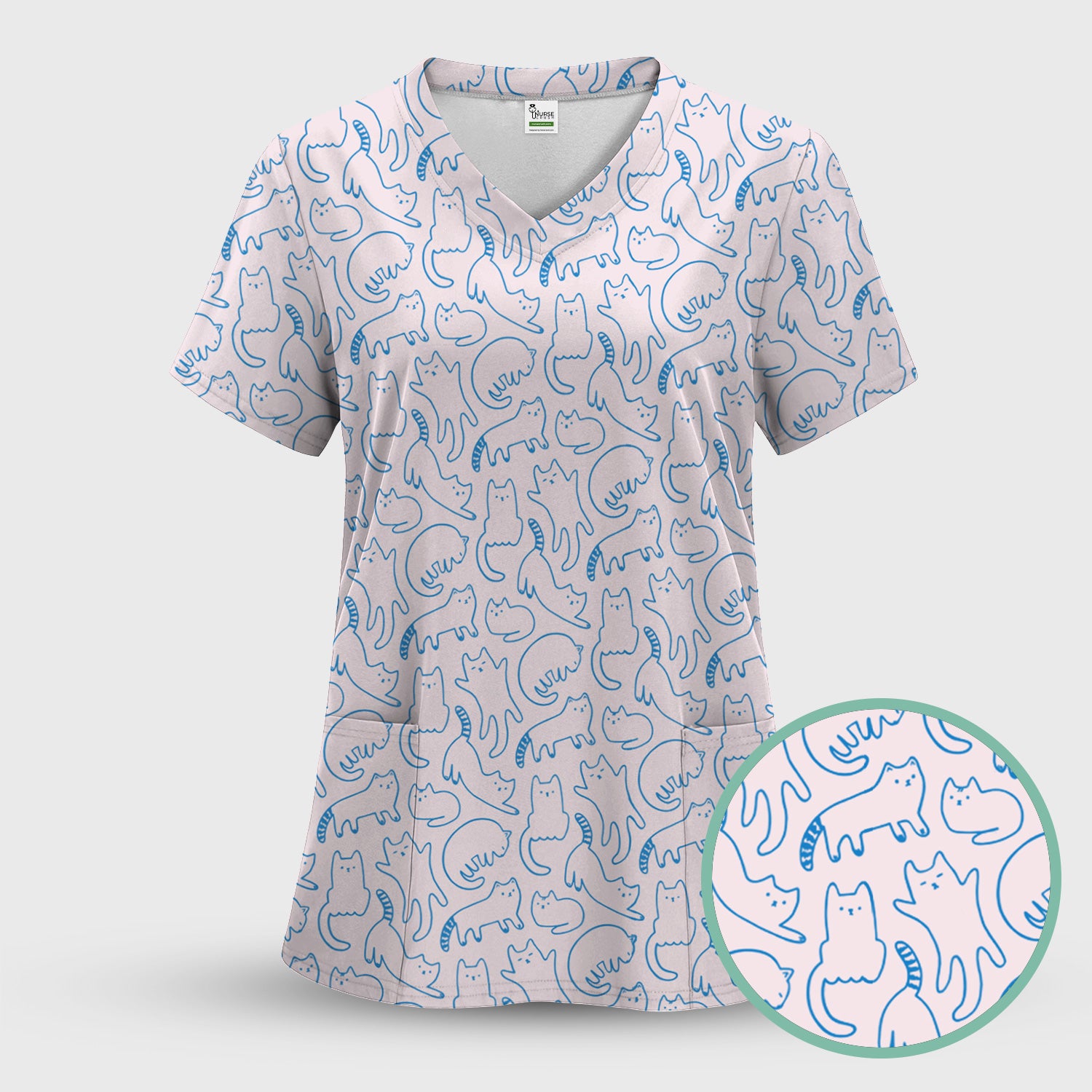 Artistic Cat Pattern Medical Scrub Top, Breathable Fabrics Nursing Uniform