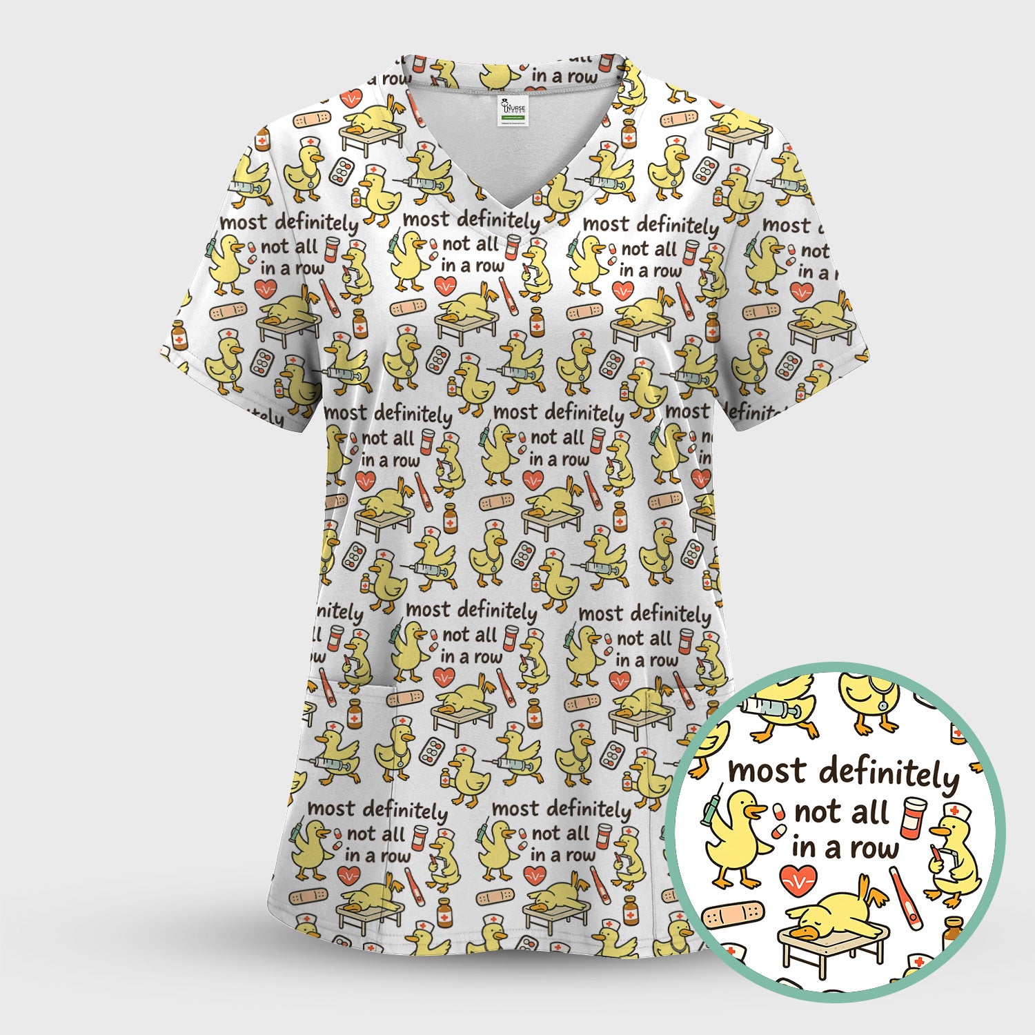 Funny Nurse Duck Medical Humor Pattern Scrub Set, Scrub Pants and V Neck Top