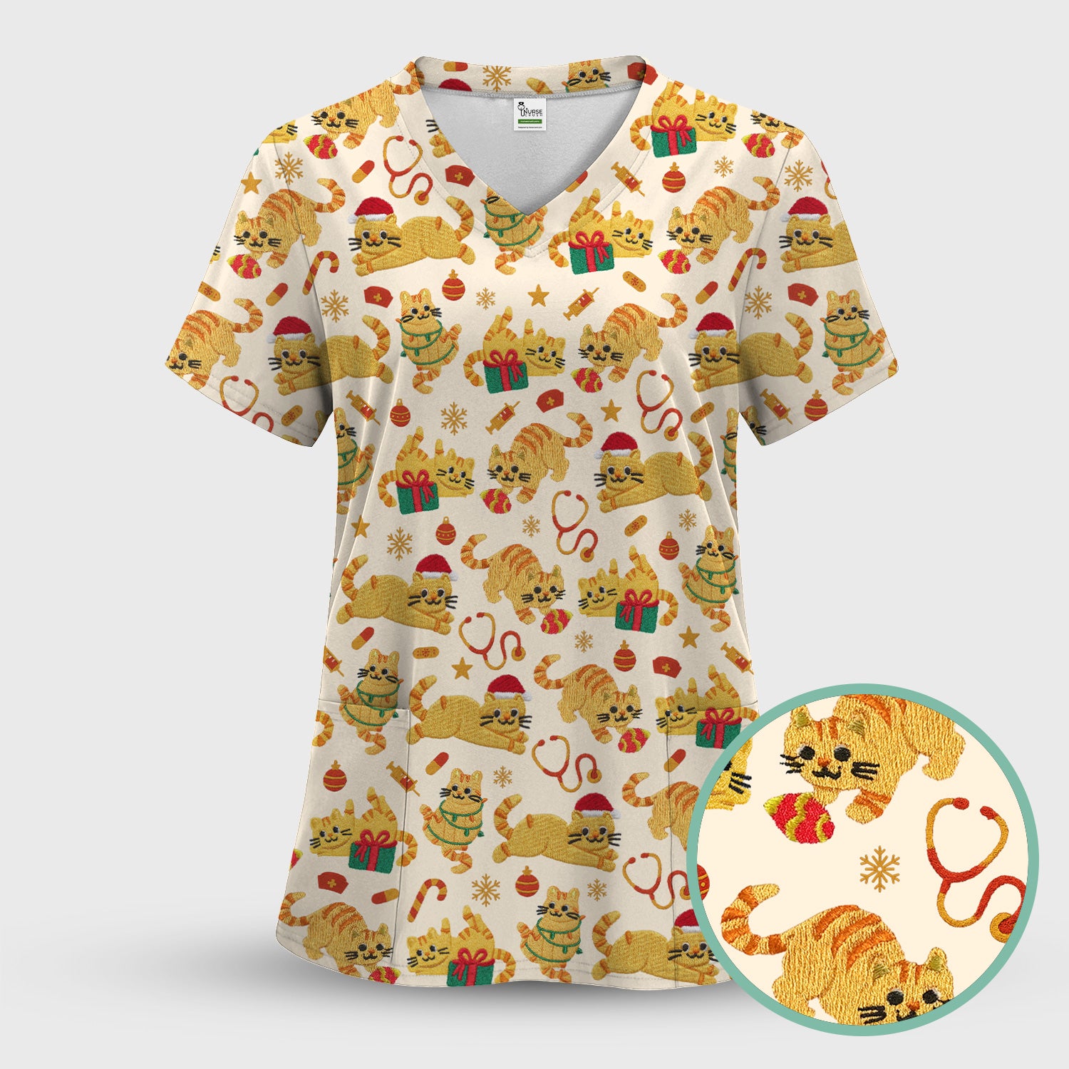 Christmas Cat Nurse Scrub Top, Cute Holiday Kitty Medical Uniform Shirt For Nursing