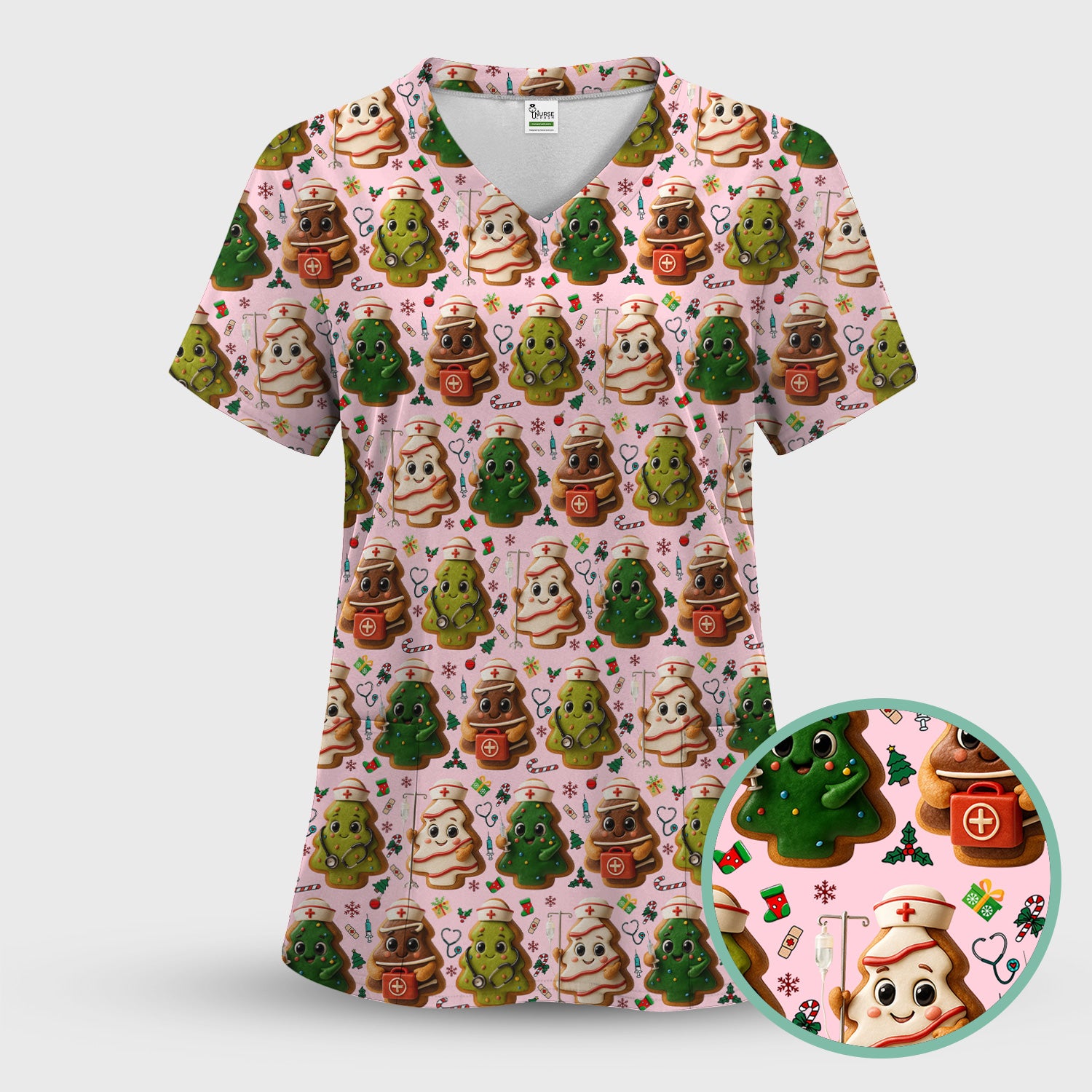 Christmas Cookie Scrub Top – Festive Nurse & Holiday Tree Pattern – Cute Medical Uniform for Nurses, Vets and Healthcare Workers
