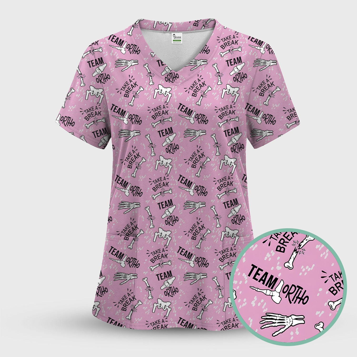 Team Ortho Bone Joint Print Scrub Top, Breathable Fabrics Nursing Uniform