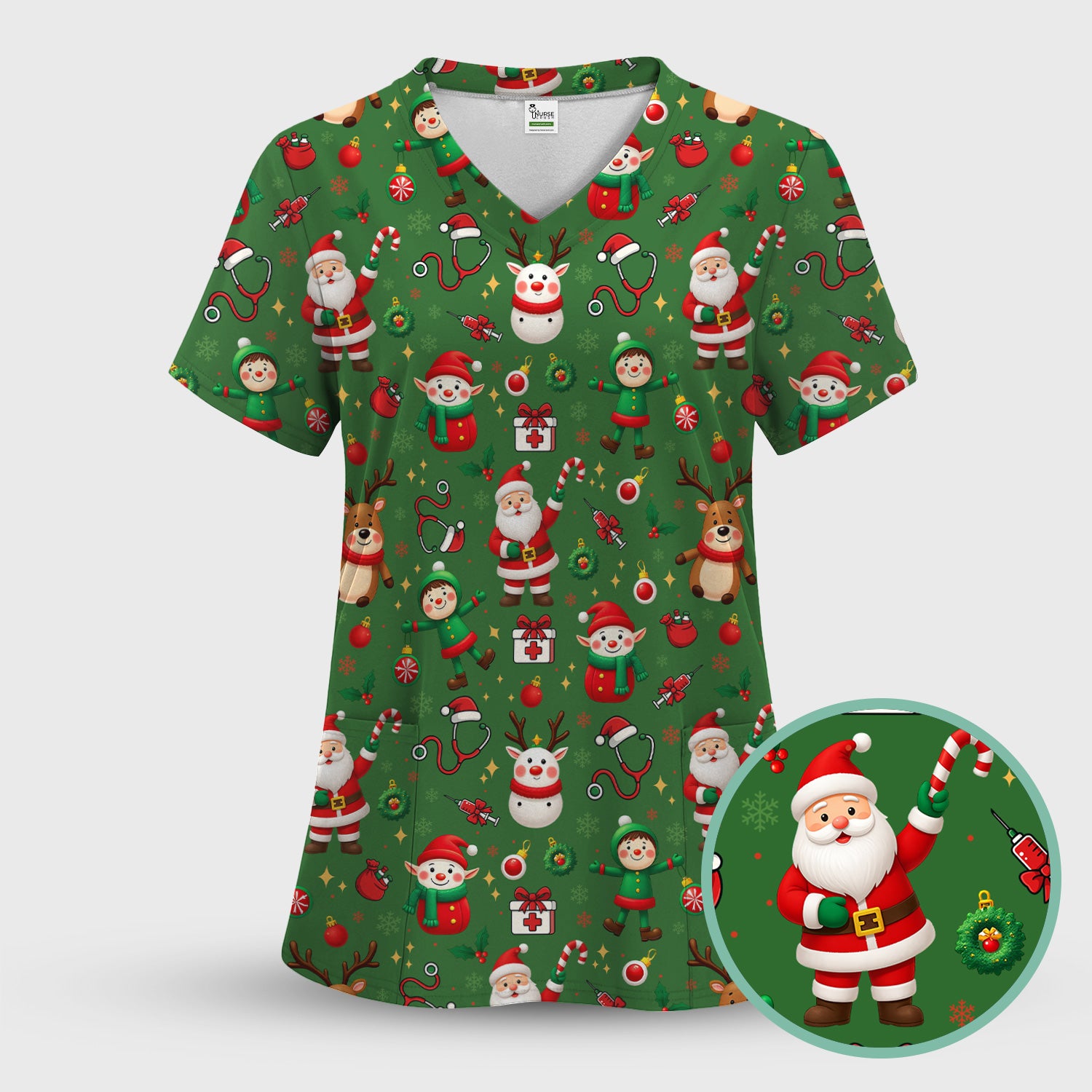 Santa Christmas Scrub Top - Cute Holiday Nurse Medical Shirt - Festive Reindeer Med Uniform for Women RN CNA LPN