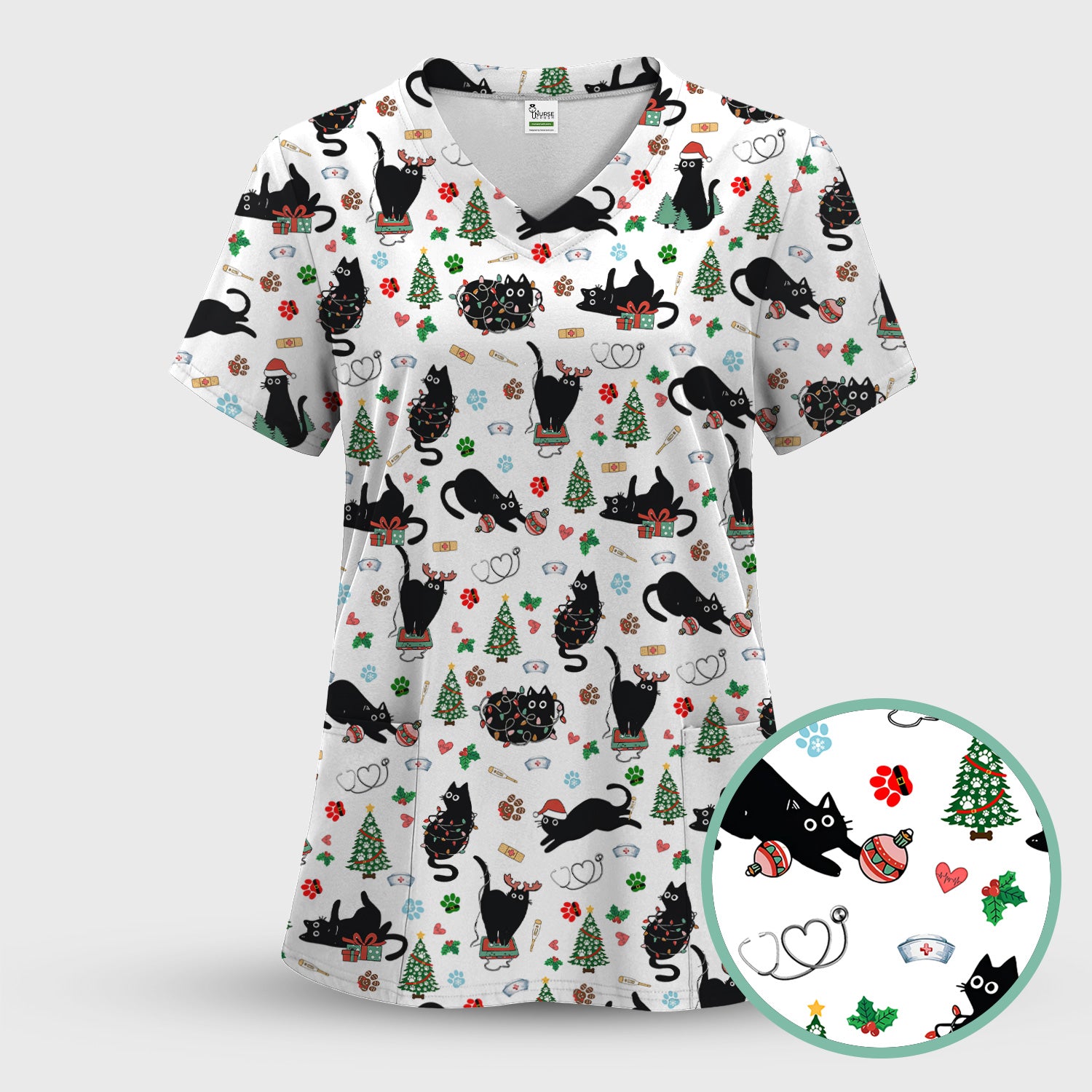 Black Cat Christmas Nurse Scrub Set, Festive Kitty Medical Uniform for Women