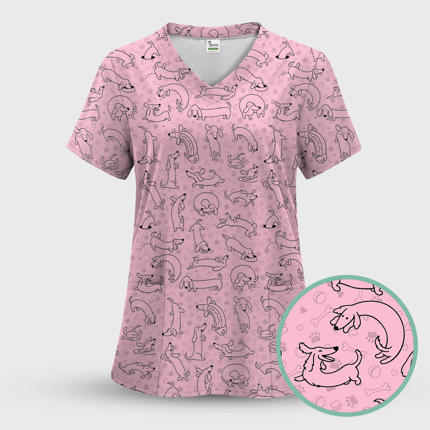 Playful Dachshund Dog Line Art Print Scrub Top, Comfortable Scrubs for Nurses