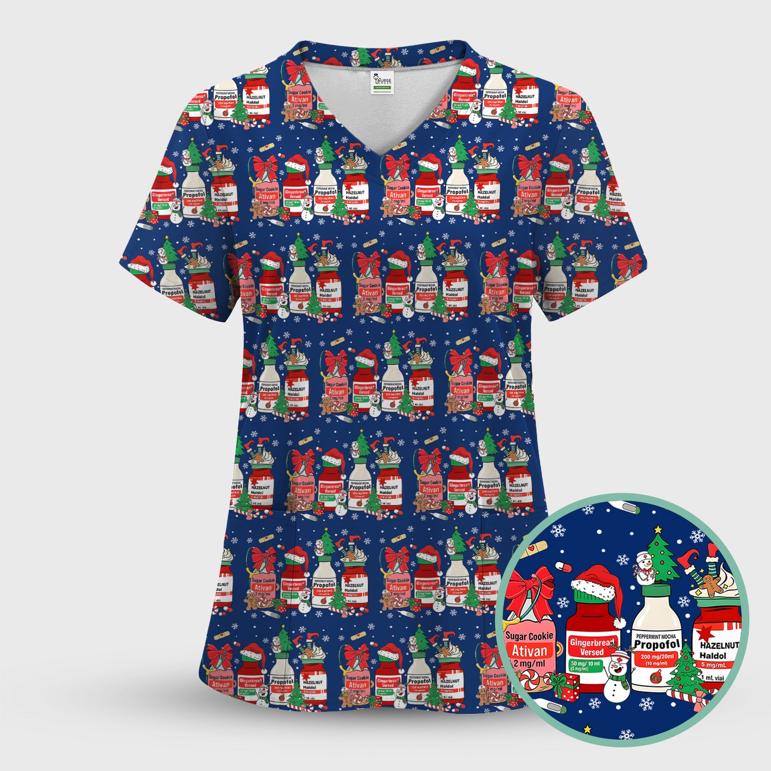 Funny Christmas Medication Scrub Top – Festive Holiday Pharma Bottles Pattern – Playful Medical Uniform for Nurses, Pharmacists & Healthcare Workers