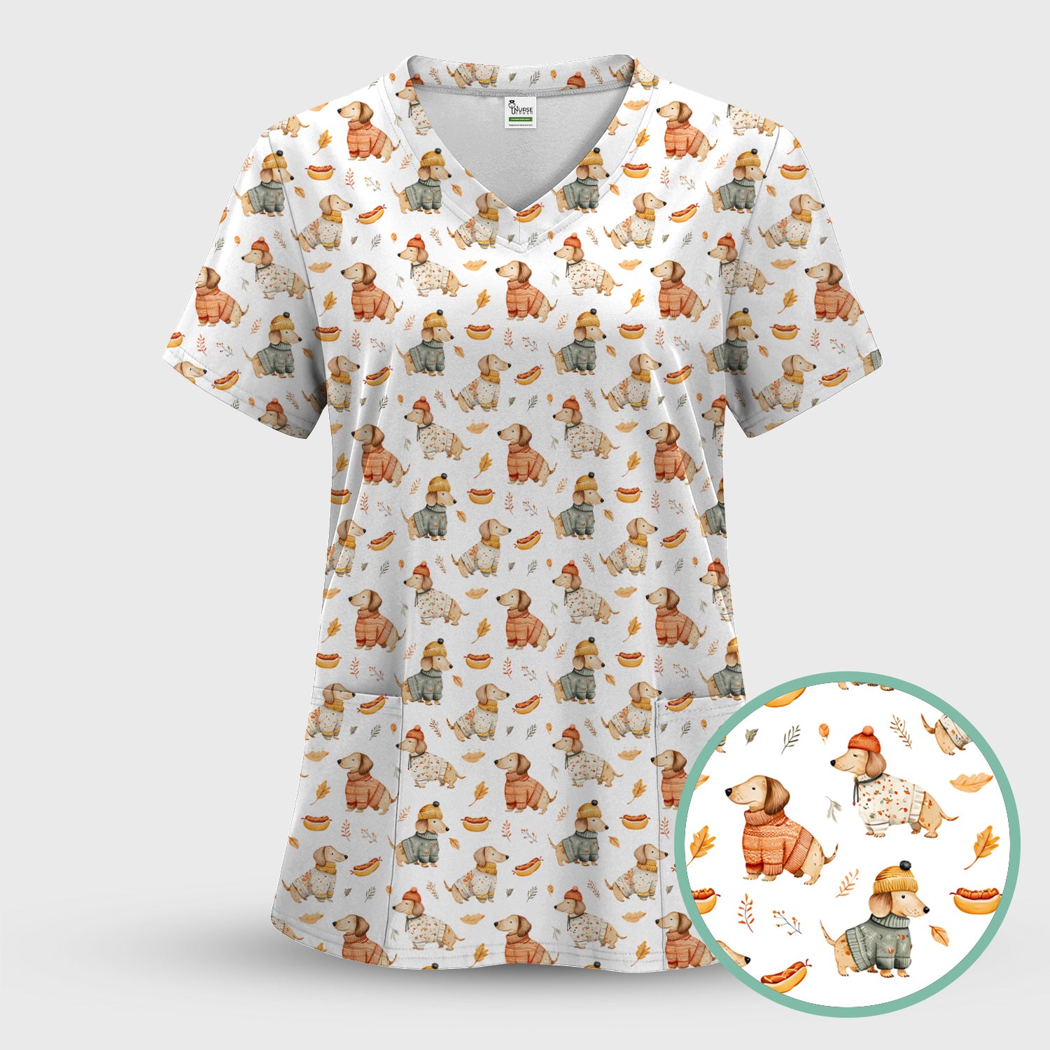 Autumn Dachshund Dog Sweater Print Scrub Top, Comfortable Scrubs for Nurses