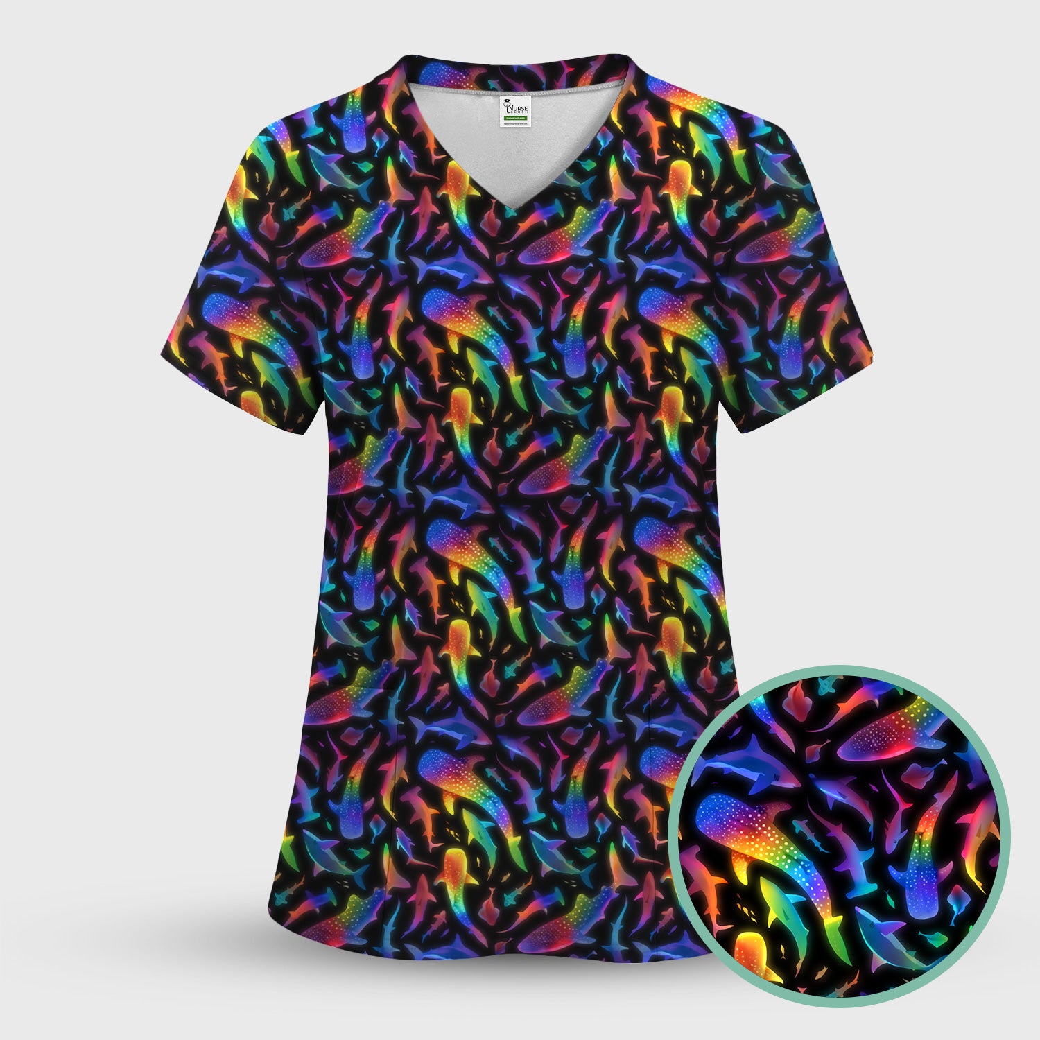 Vibrant Rainbow Shark Pattern Scrub Top, Comfortable Scrubs For Nurses