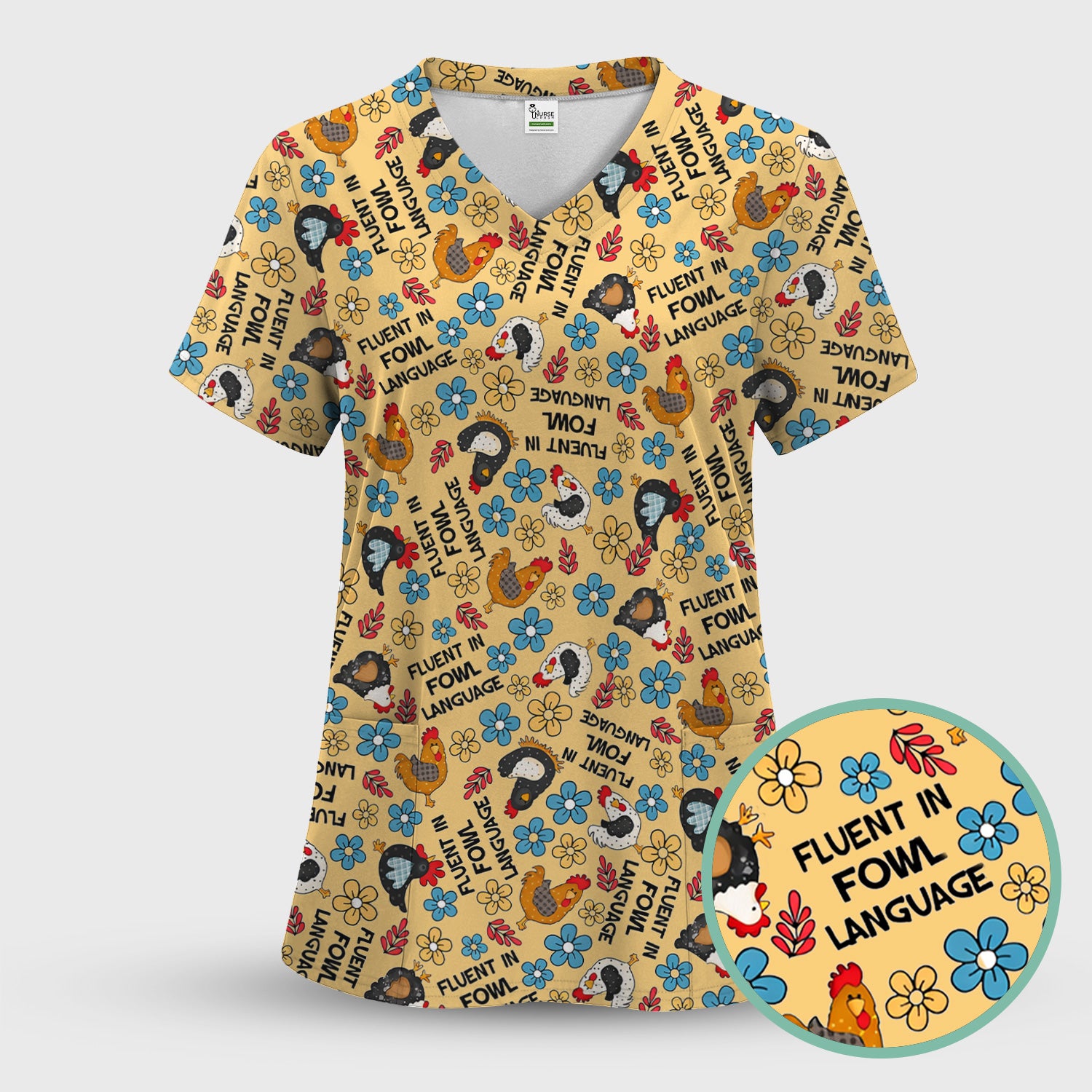 Funny Chicken Fluent in Fowl Language Pattern Scrub Top, Comfortable Scrubs for Nurses