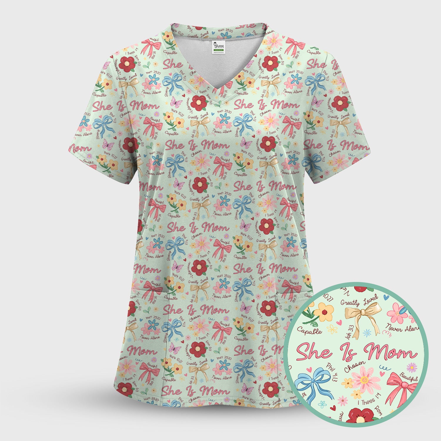 She Is Mom Floral Bow Pattern Scrub Top, Comfortable Scrubs for Nurses