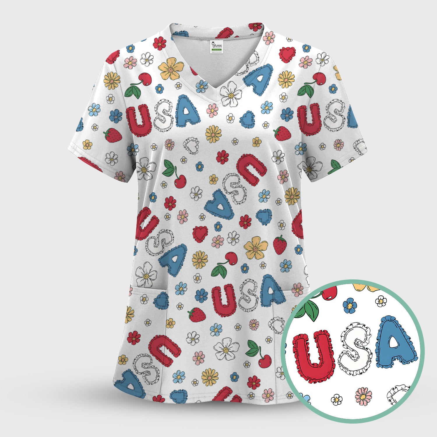 USA Cherry Strawberry Floral Patch Pattern Scrub Set, Scrub Pants and V Neck Top