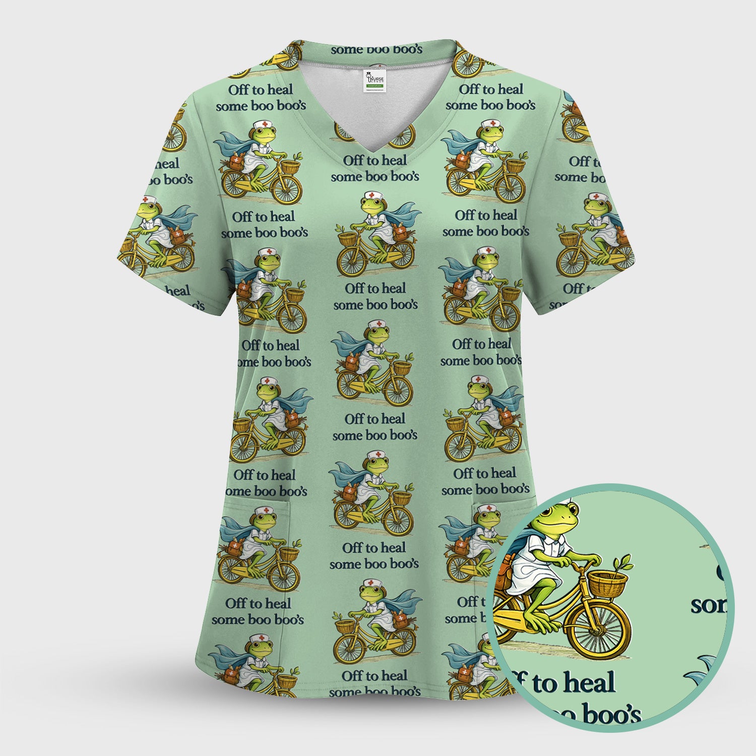 Funny Frog Nurse Cycling Pattern Scrub Top, Comfortable Scrubs for Nurses