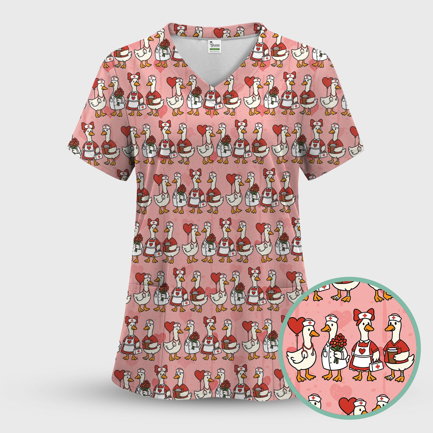 Valentine Nurse Goose with Heart Pattern Scrub Set, Scrub Pants and V Neck Top