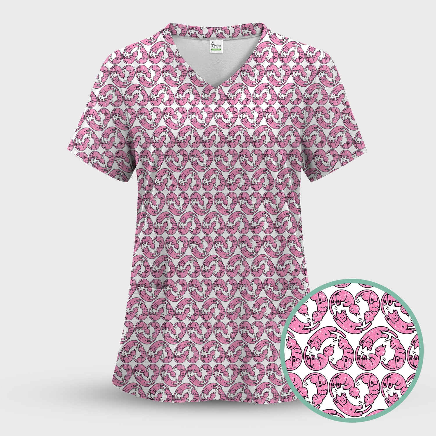 Cute Pink Cat Cartoon Pattern Scrub Top, Comfortable Scrubs for Nurses