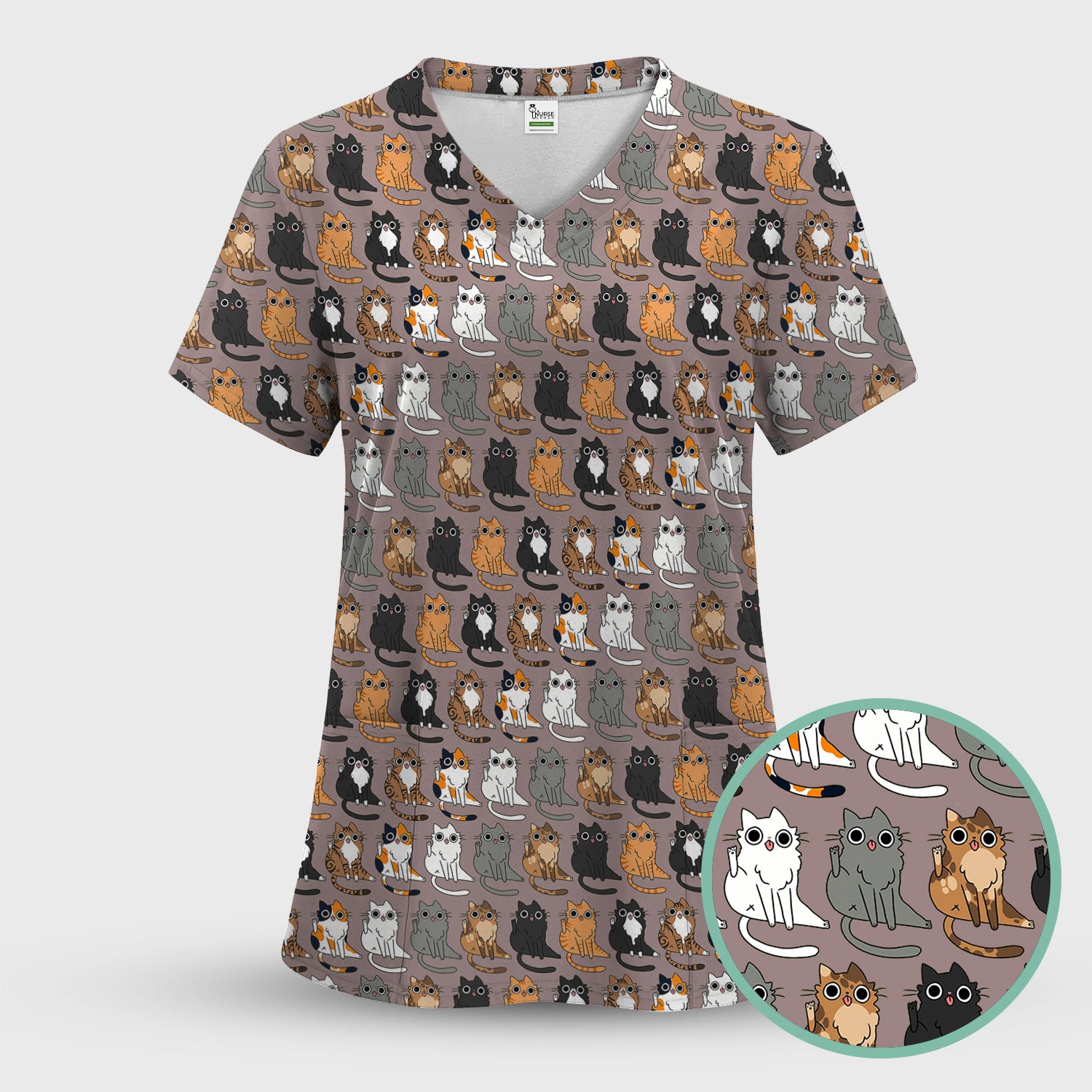 Cute Cartoon Cat Pattern Scrub Top, Comfortable Scrubs for Nurses