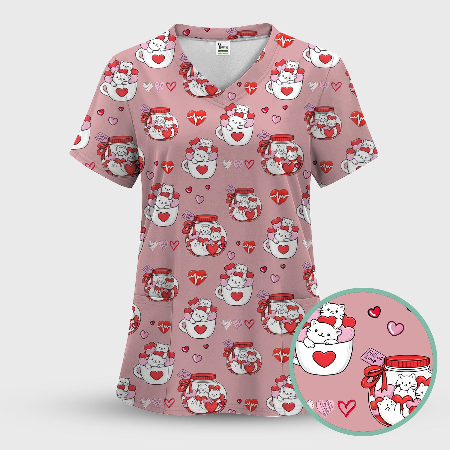 Cute Cat Valentine Nurse Scrub Top, Comfortable Scrubs for Nurses