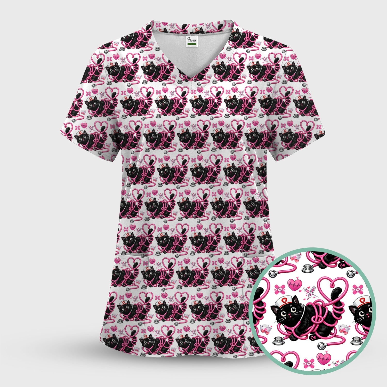 Valentine Cute Cat Nurse Heart Print Scrub Top, Comfortable Scrubs for Nurses