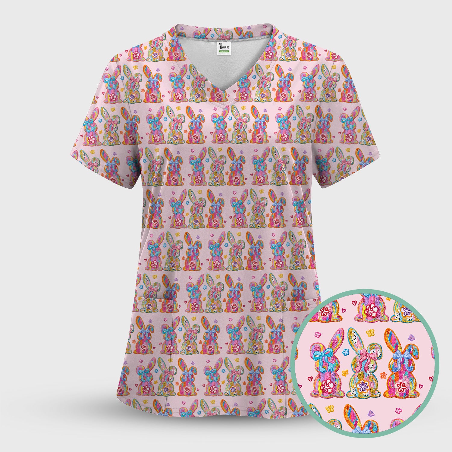 Cute Pastel Bunny Floral Pattern Scrub Top, Comfortable Scrubs for Nurses, Easter