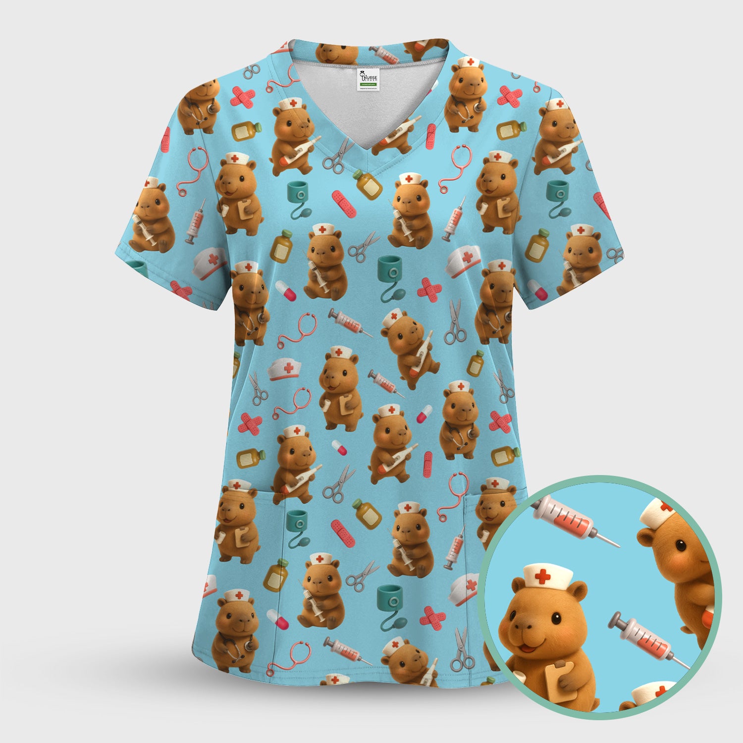 Cute Bear Nurse Scrub Top - Adorable Medical Pattern Shirt - Funny Animal Scrubs for Women Healthcare Workers