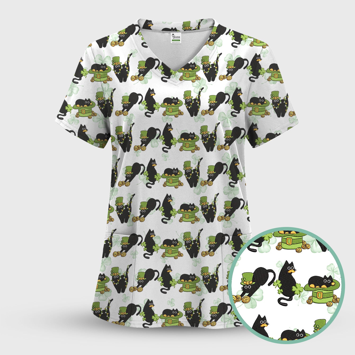 St. Patrick Black Cat Clover Print Nurse Scrub Top, Comfortable Scrubs for Nurses