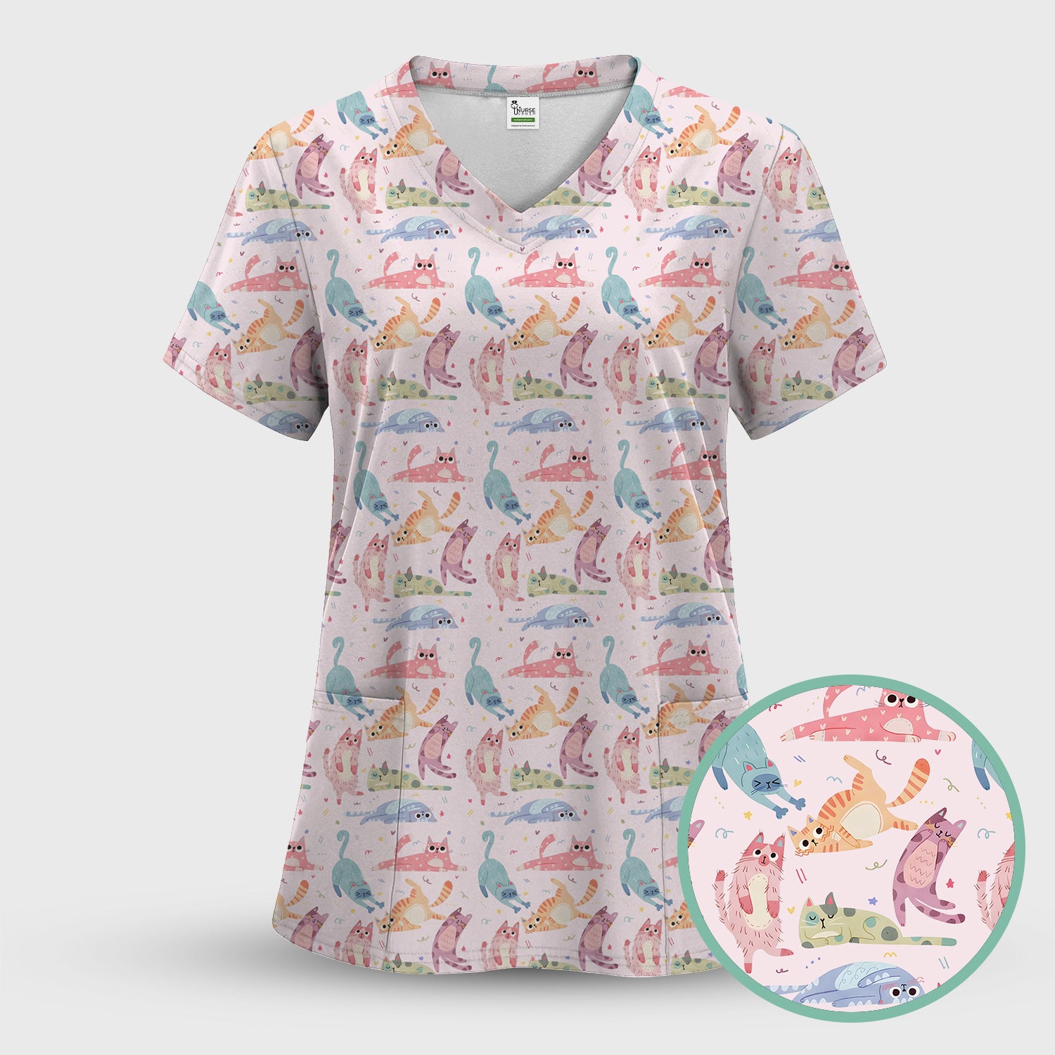 Funny Pastel Cat Pattern Medical Scrub Top, Breathable Fabrics Nursing Uniform