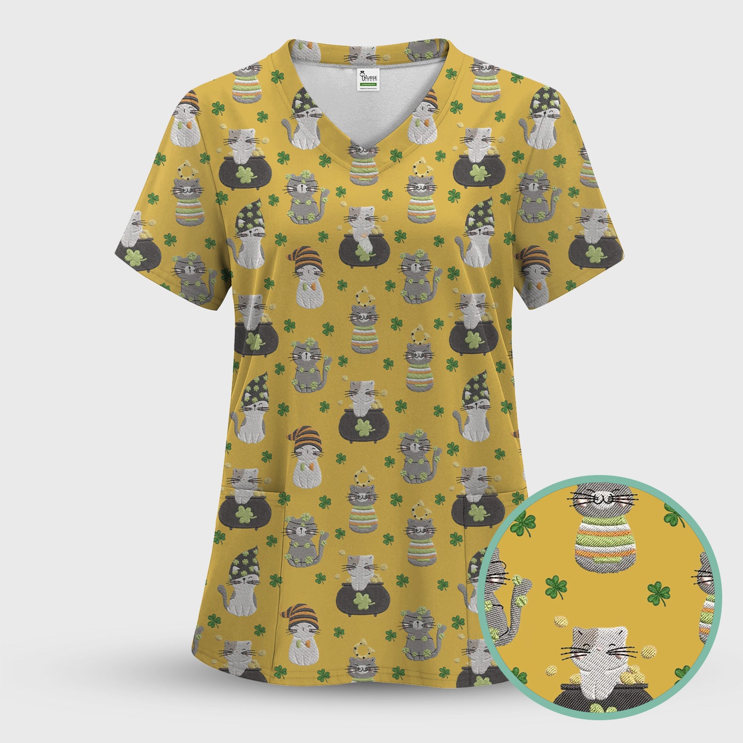 St. Patrick’s Day Scrub Set, Lucky Cat With Shamrock Pattern Shirt, Breathable Fabrics Nursing Uniform