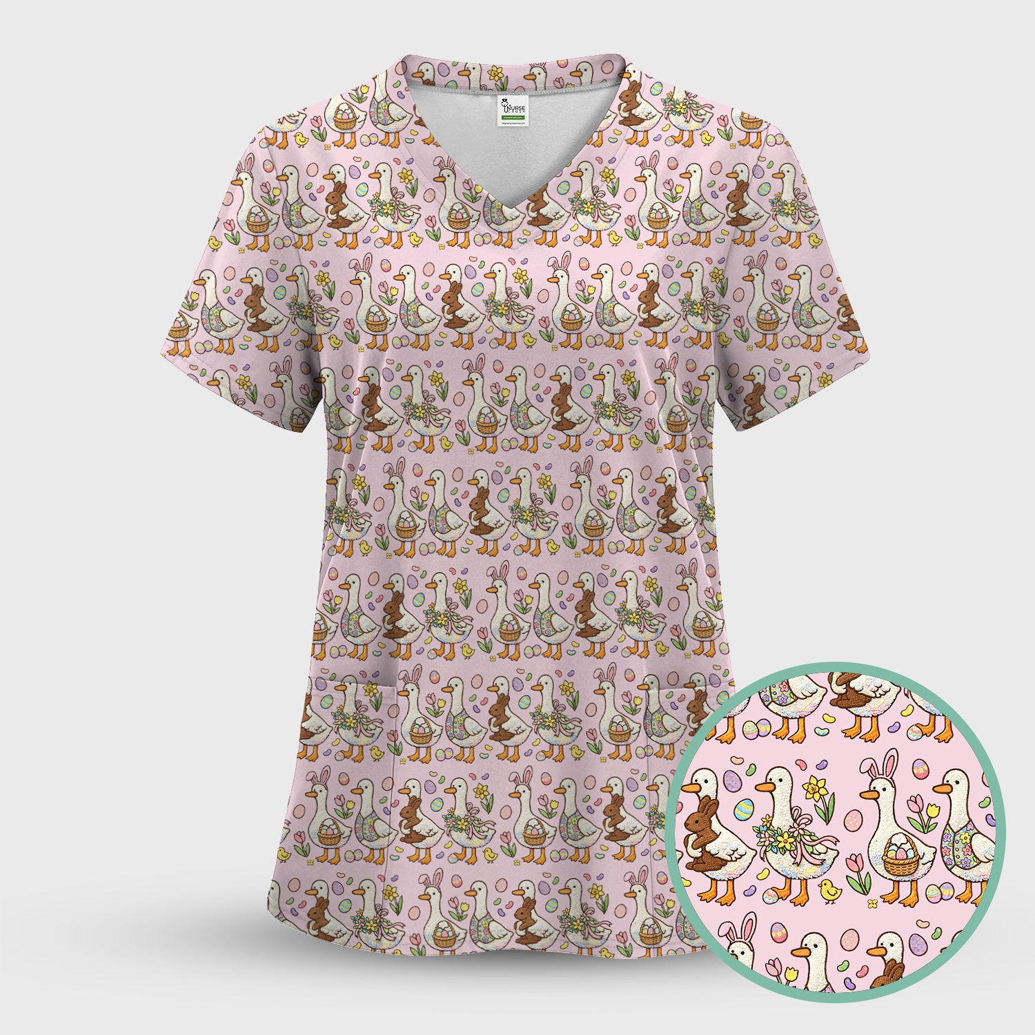 Easter Theme Duck and Bunny Egg Floral Print Scrub Top, Comfortable Scrubs for Nurses