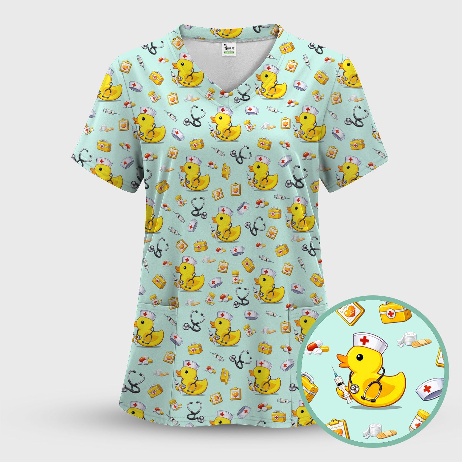 Playful Medical Duck Print Nurse Scrub Top, Comfortable Scrubs for Nurses