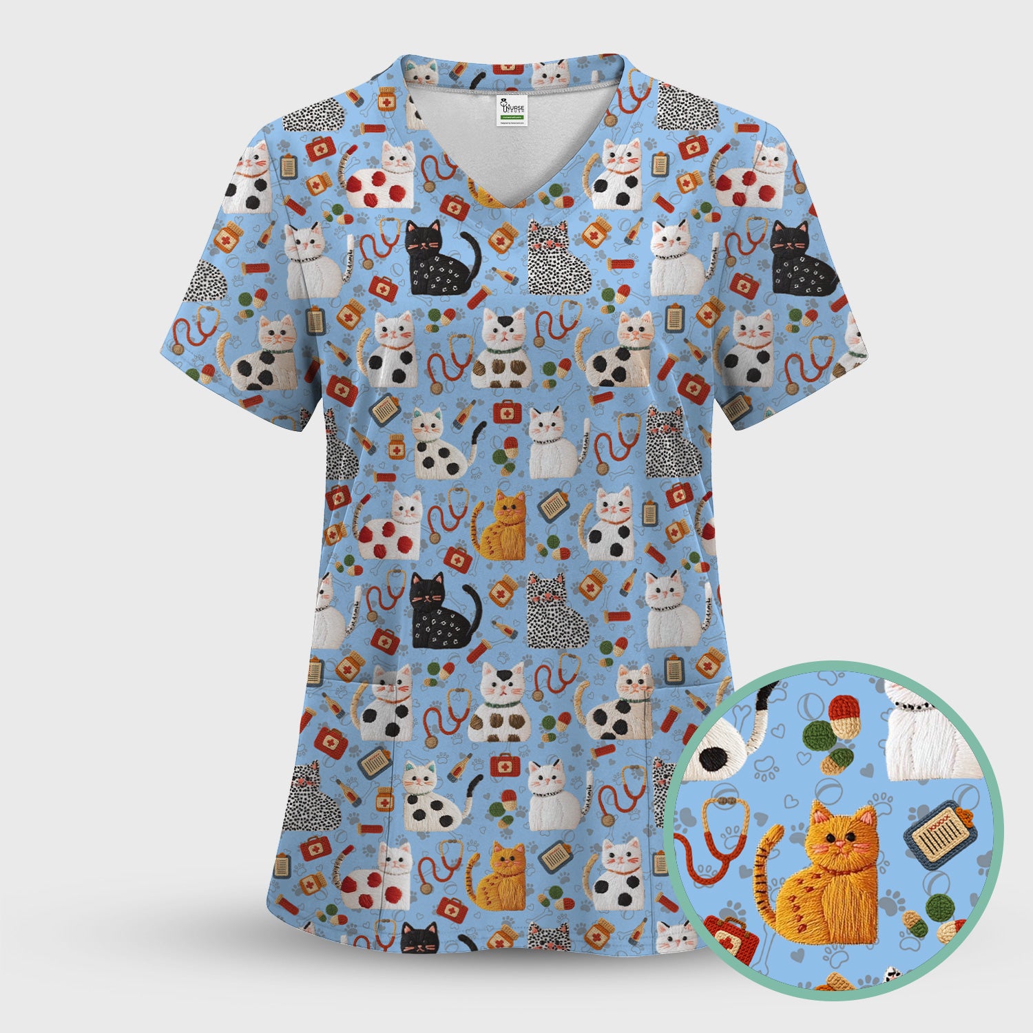 Cute Cat Scrub Top – Funny Veterinary Pattern Medical Shirt – Pet Lover Uniform For RN, LPN, CNA, and Vet Staff
