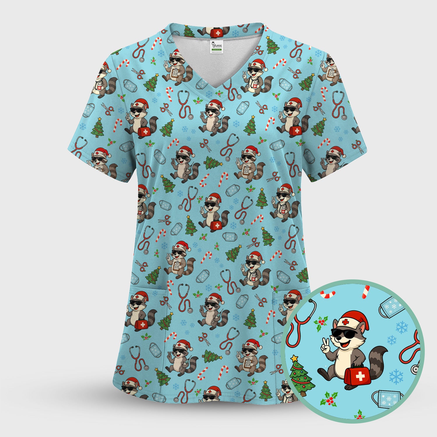 Funny Christmas Nurse Scrub Set - Raccoon Pattern with Santa Hat, Stethoscope and Tree - Cute Holiday Medical Scrubs Pants and Top Gift for RN CNA LPN