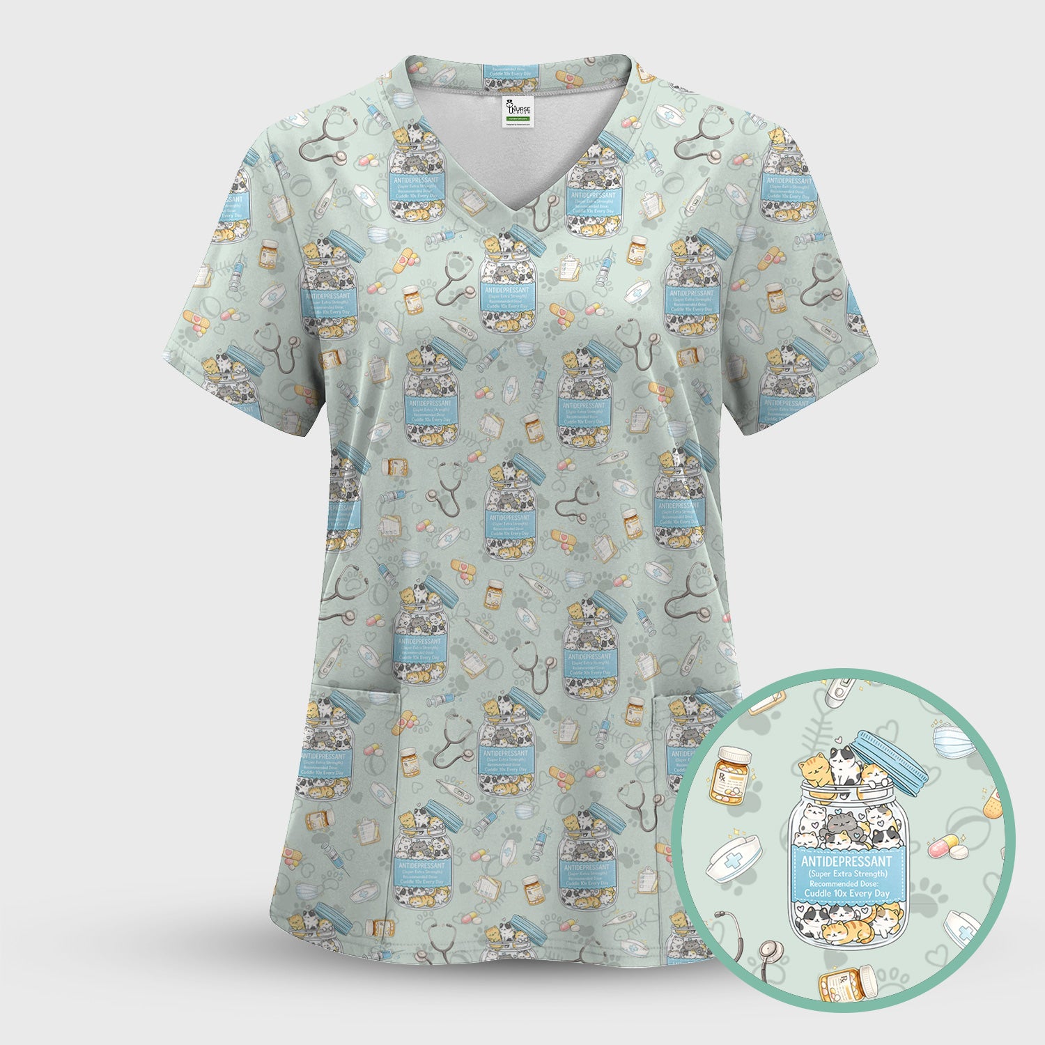 Cute Antidepressant Cat Jar Print Nurse Scrub Top, Breathable Fabrics Nursing Uniform