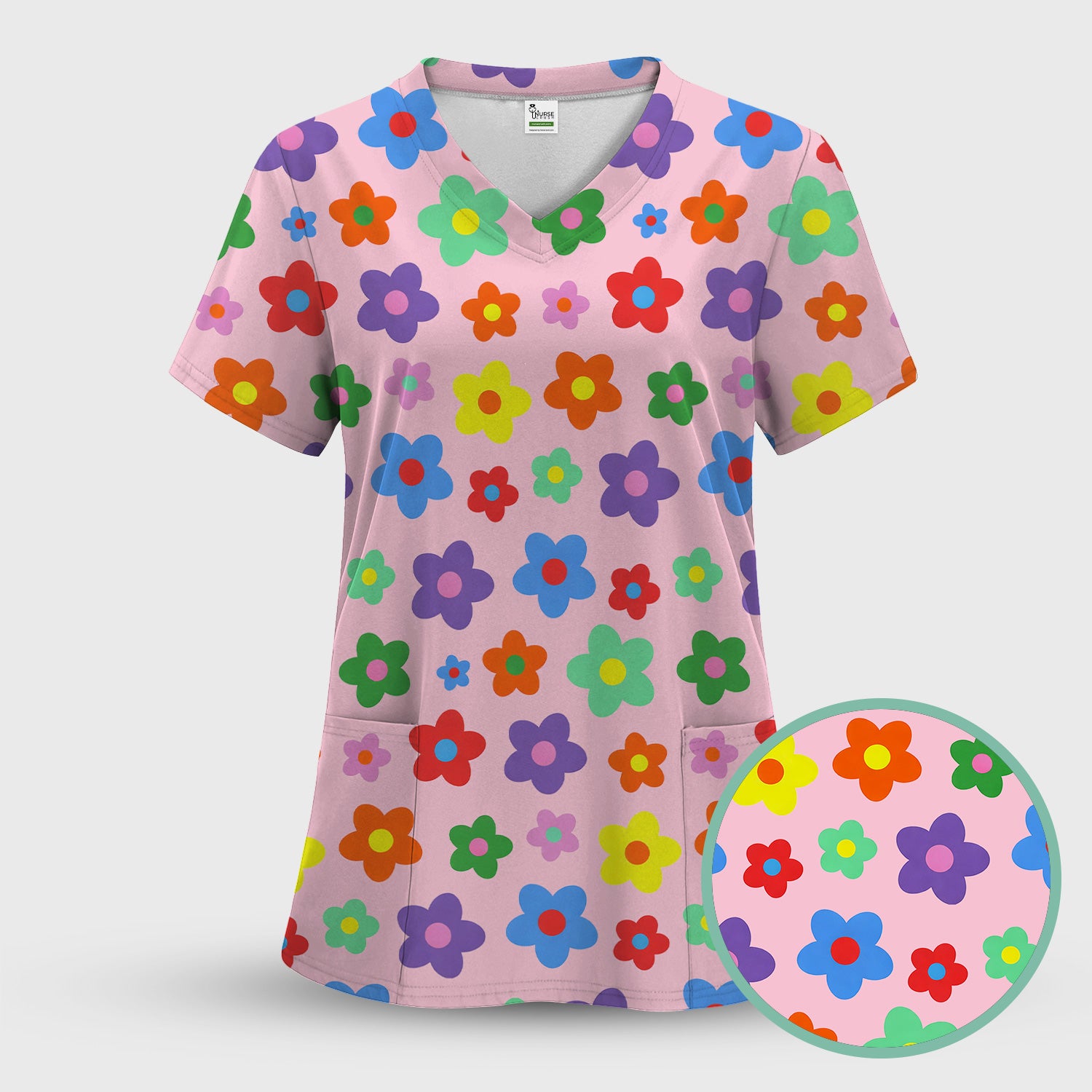 Colorful Retro Flower Pattern Print Scrub Top, Breathable Fabrics Nursing Uniform