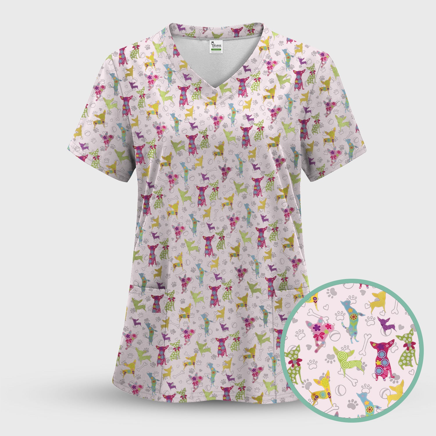 Colorful Playful Dog Print Nurse Scrub Top, Comfortable Scrubs for Nurses