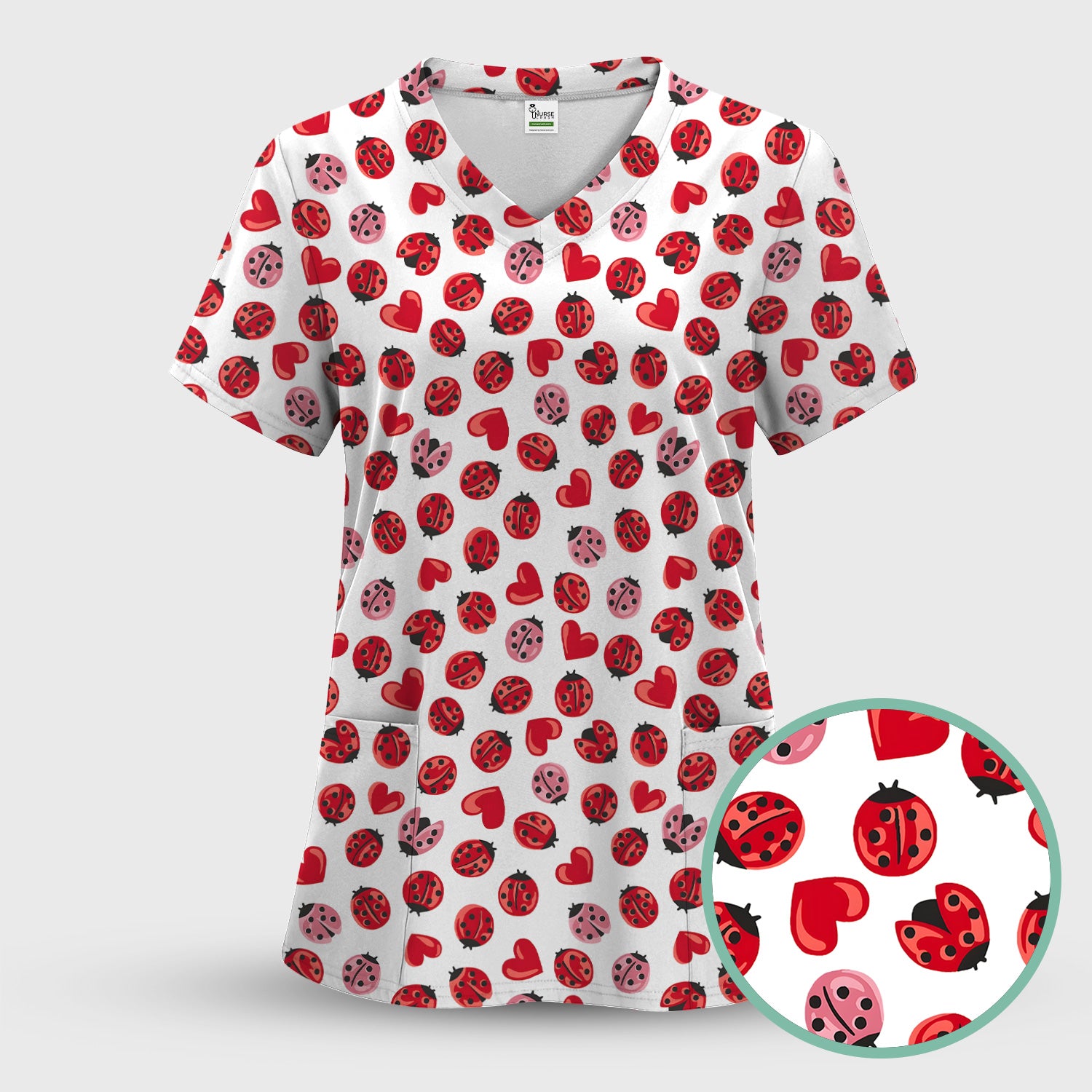 Cute Ladybug and Red Heart All Over Print Scrub Top, Comfortable Scrubs for Nurses