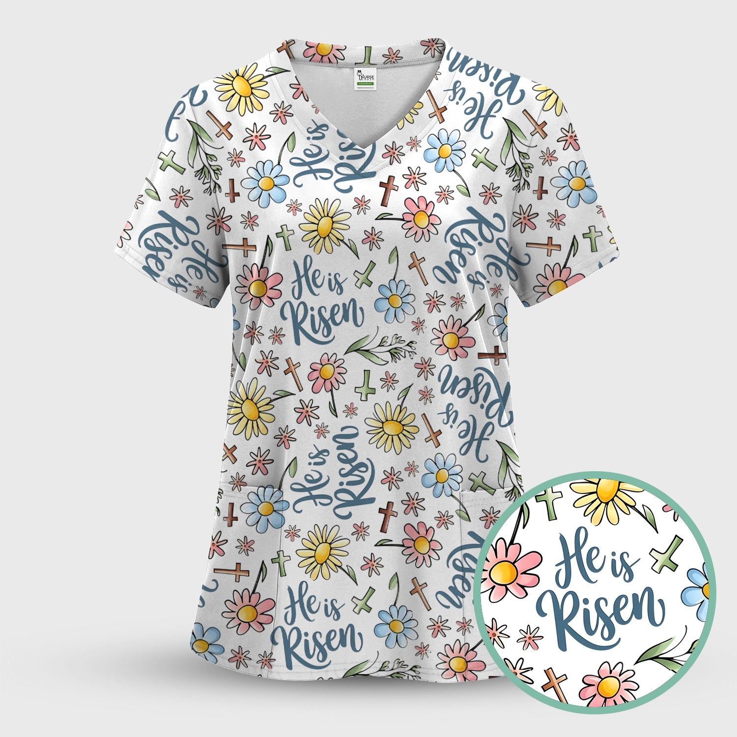 He Is Risen Cross Flower Pattern Scrub Set, Nurse Uniform Scrubs Set