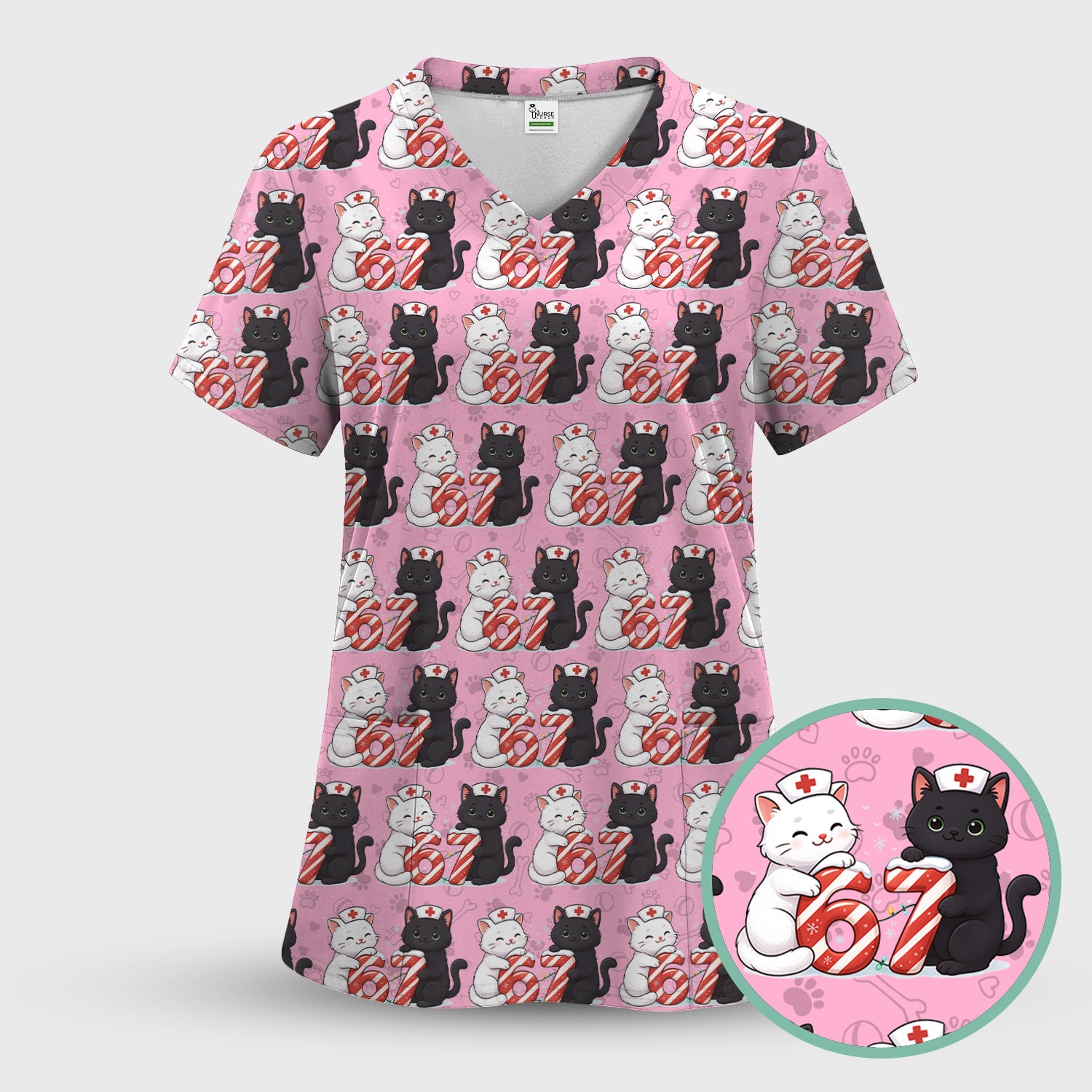 Xmas Cat Pattern Scrub Top, Christmas Nurse Six Seven With Cat Scrub Shirt, Breathable Fabrics Nursing Uniform
