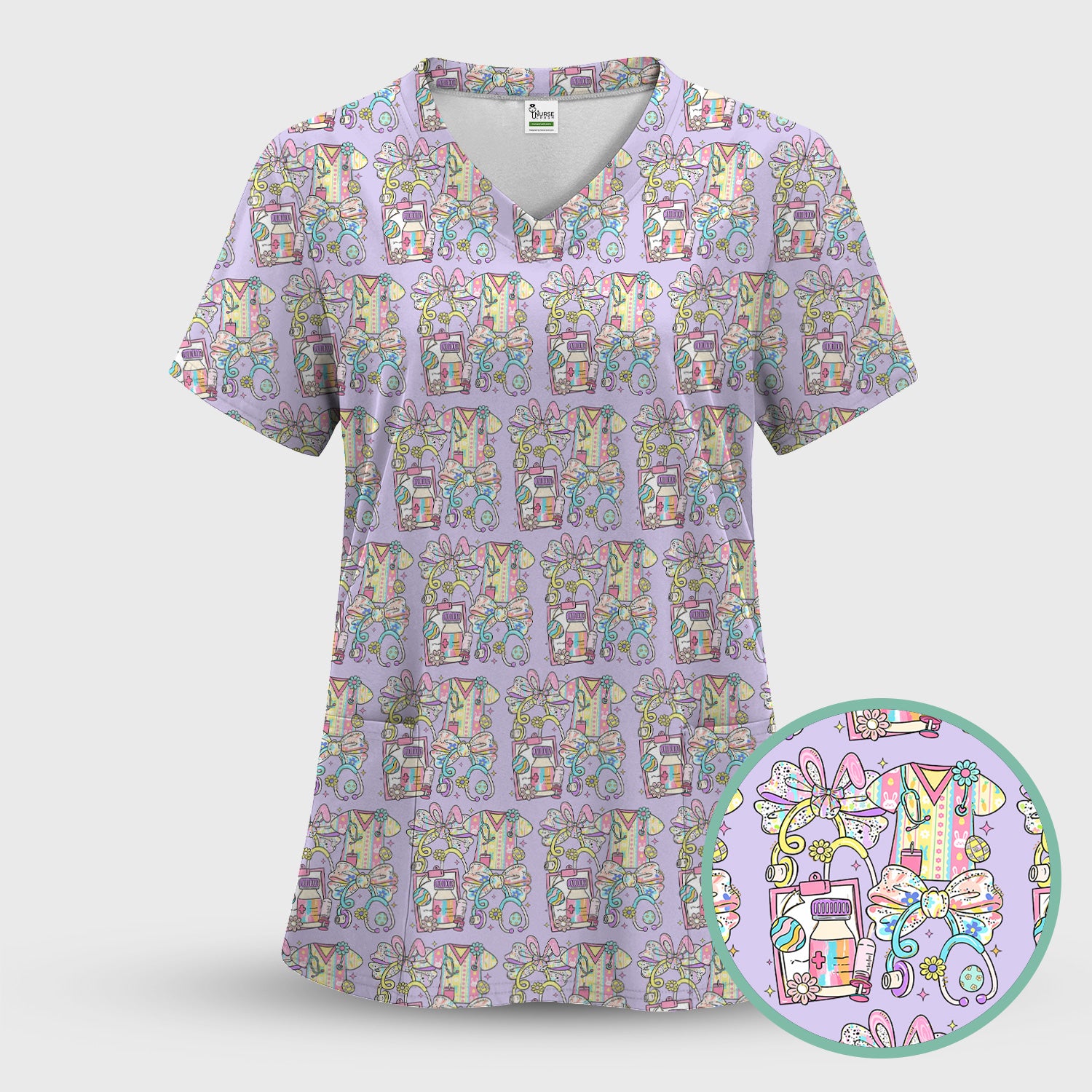 Colorful Nurse Scrub Supplies Pattern Scrub Top, Breathable Fabrics Nursing Uniform