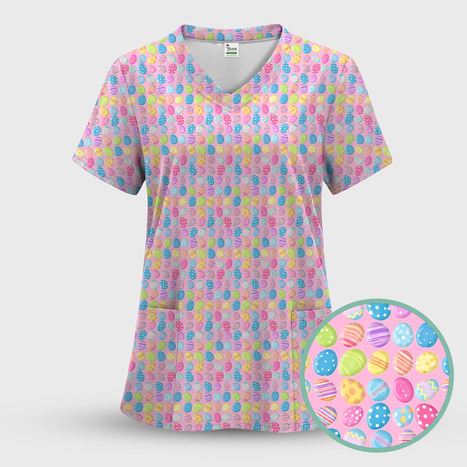 Colorful Easter Eggs Pattern Scrub Top, Comfortable Scrubs for Nurses