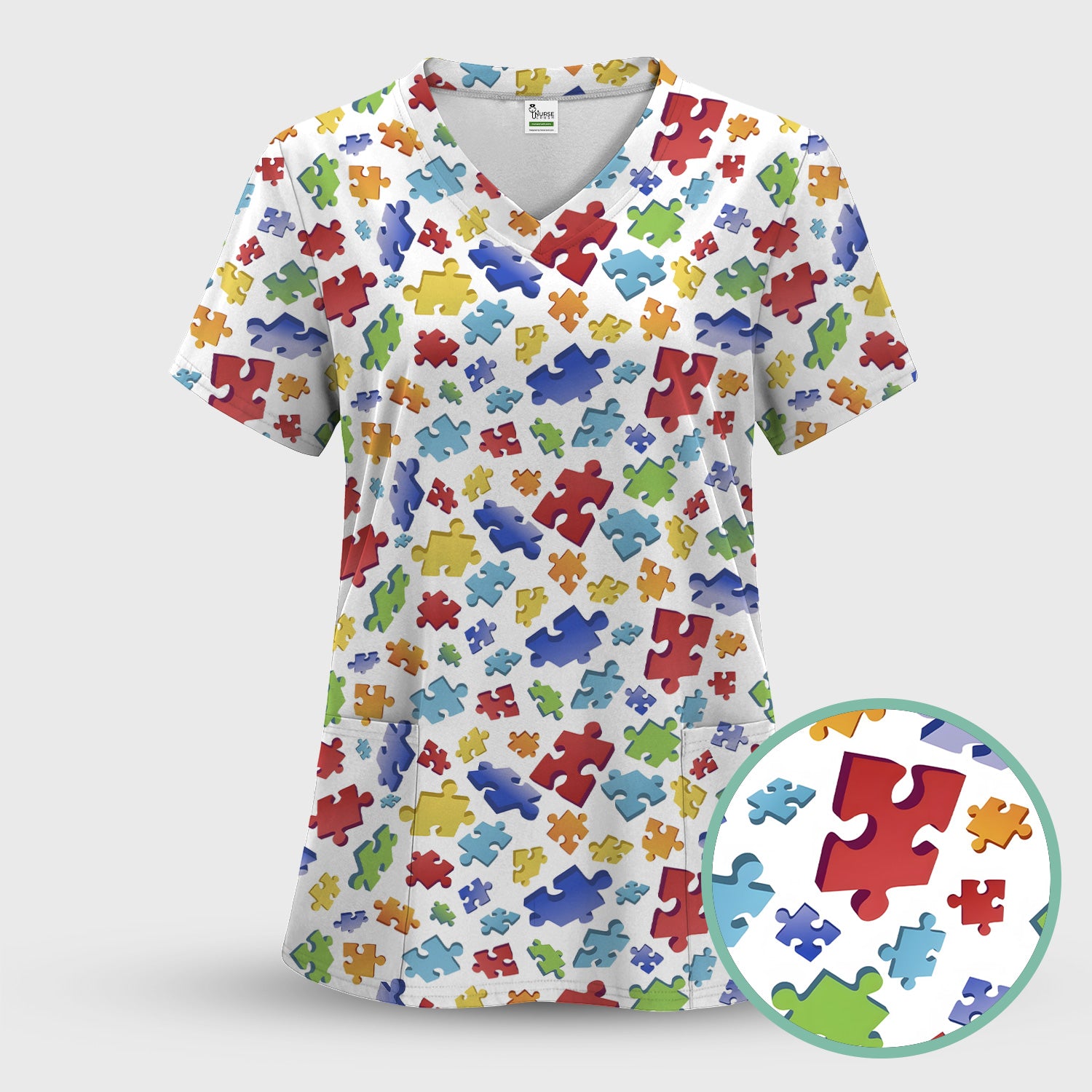 Colorful Scattered Puzzle Piece Pattern Scrub Top, Breathable Scrubs for Nurses, Autism