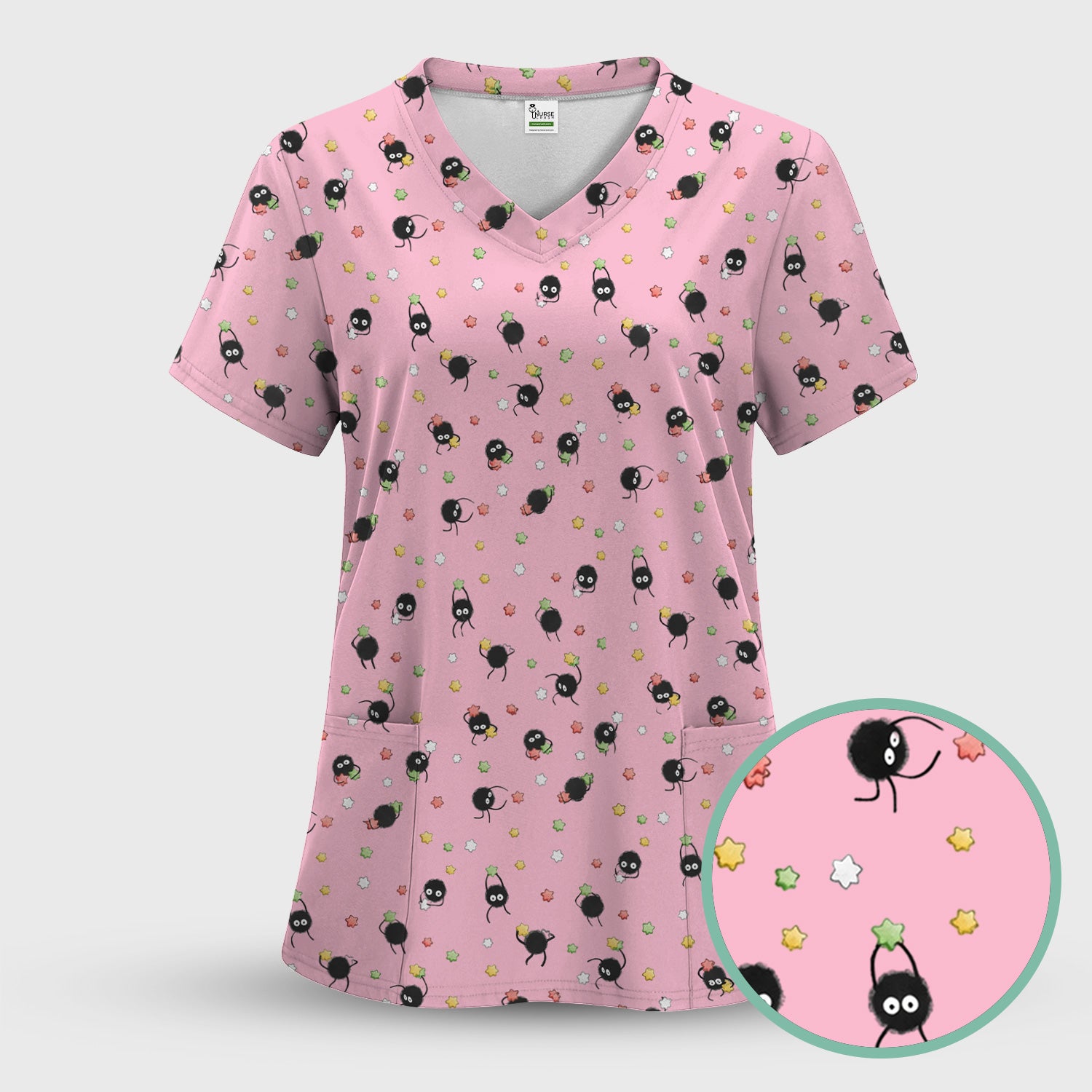 Funny Spider Pattern Pattern Pattern Scrub Top, Cartoon Spider Pattern Nursing Uniform For Women