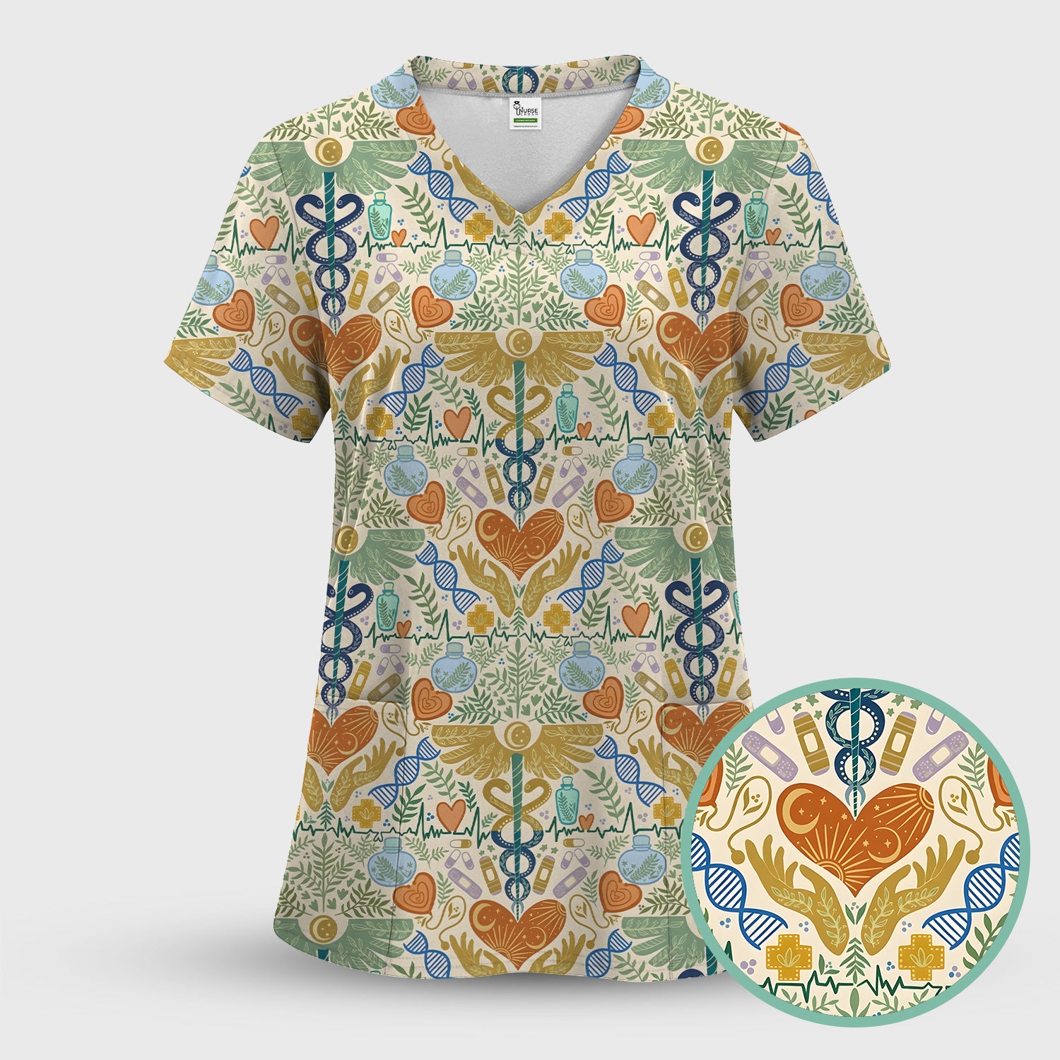 Inspirational Botanical Medical Caduceus Heart Nurse Pattern Scrub Set, Breathable Med Uniform