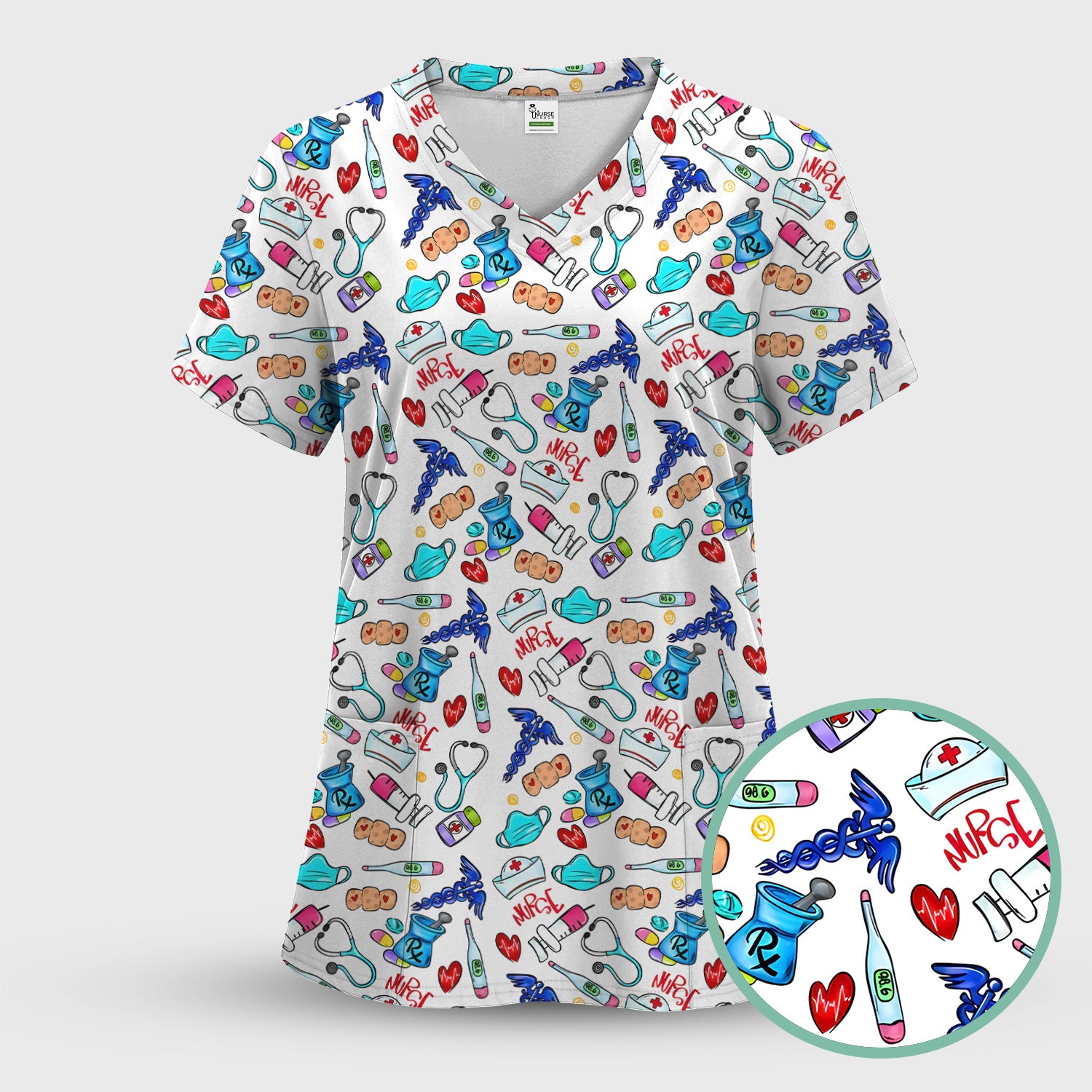 Nurse Medical Icons Stethoscope Heart Pattern Scrub Top, Comfortable Scrubs for Nurses