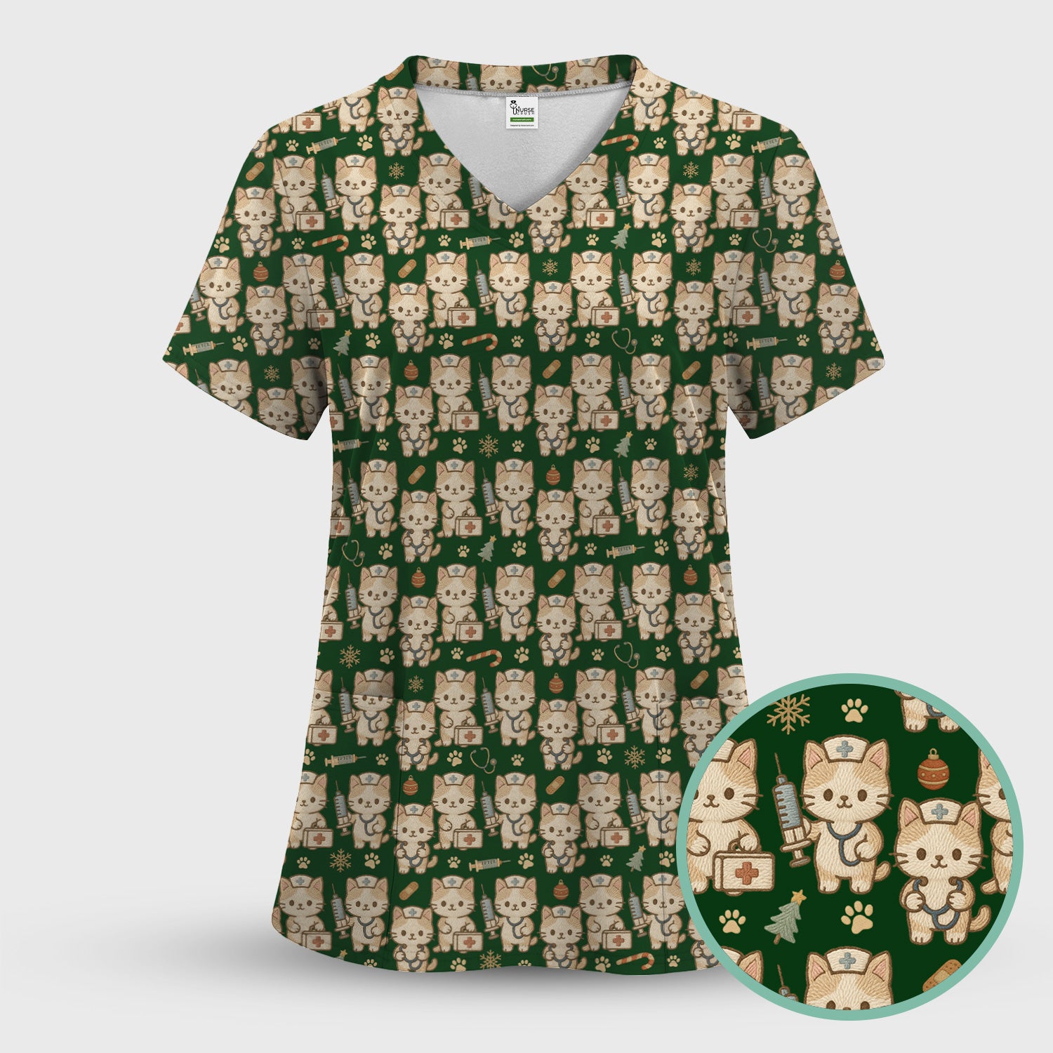 Cute Cat Nurse Christmas Scrub Top, Kawaii Kitty Medical Pattern Shirt, Breathable Fabrics Nursing Uniform