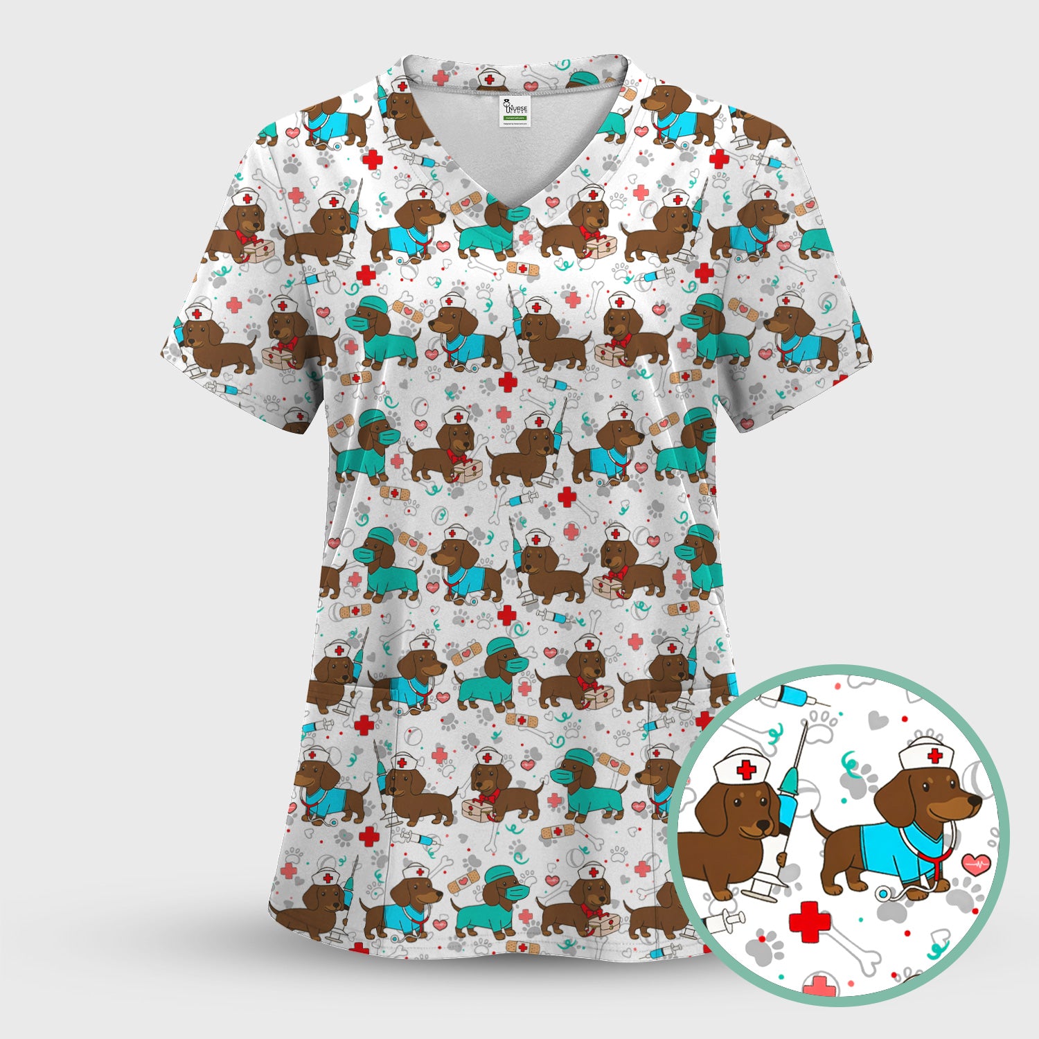 Cute Wiener Dog Dachshund Nurse Scrub Top, Funny Dachshund Dog Scrubs Shirt, Breathable Fabrics Nursing Uniform