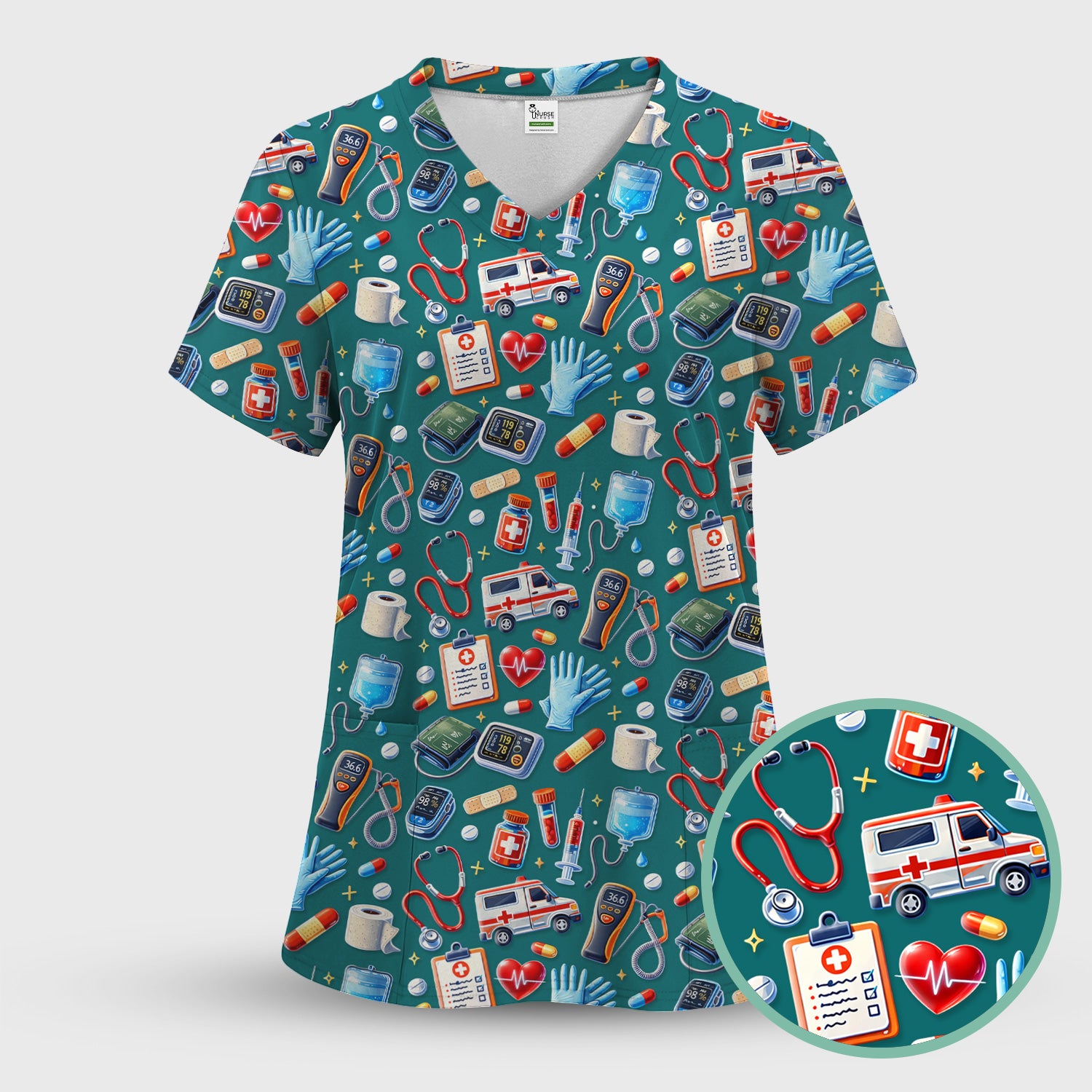 Medical Tools Pattern Ambulance Stethoscope Scrub Top, Comfortable Scrubs for Nurses