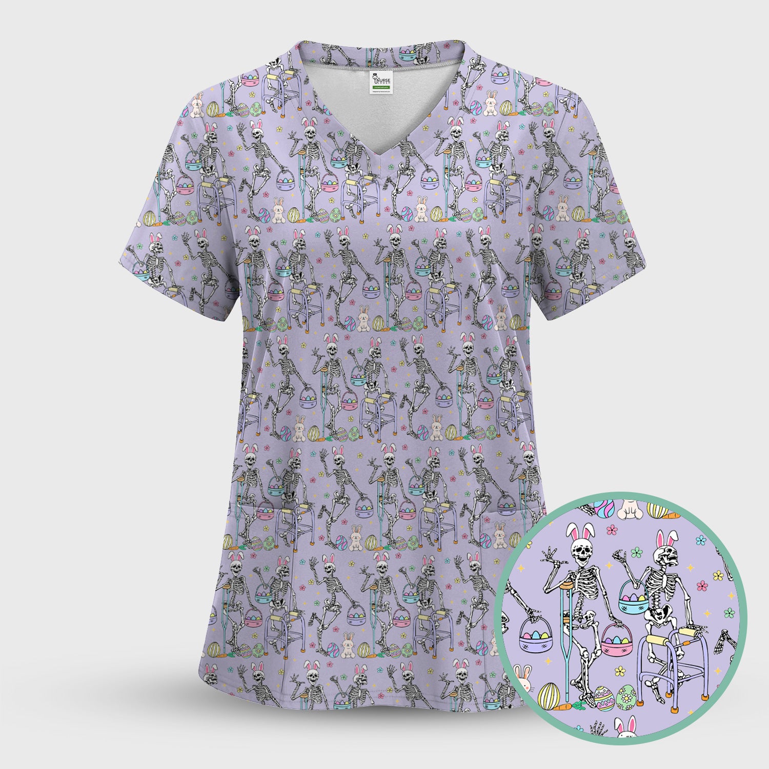Fun Skeleton Bunny Easter Print Scrub Top, Comfortable Scrubs for Nurses