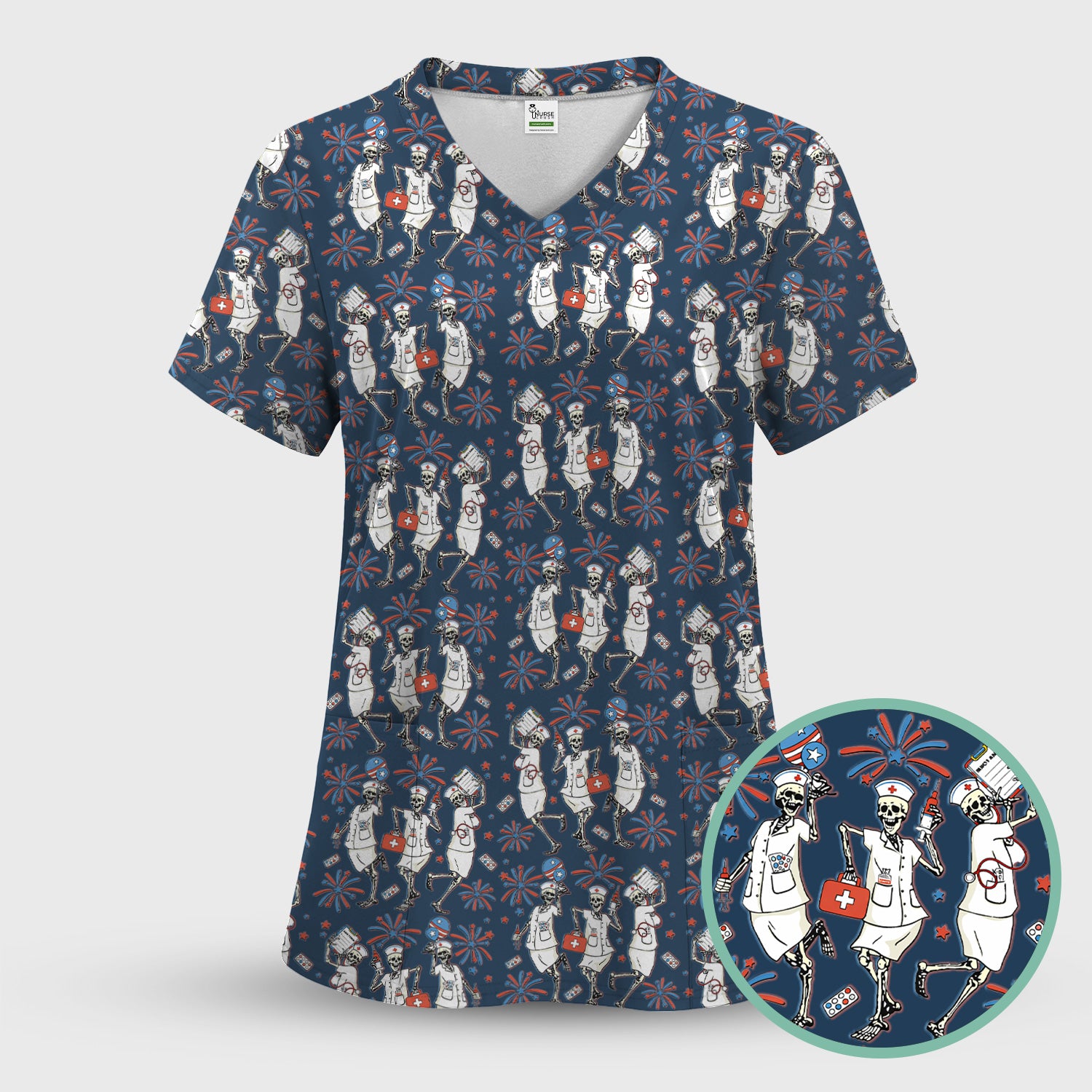 Funny Skeleton Nurse Patriotic Print Scrub Set, Scrub Pants and V Neck Top
