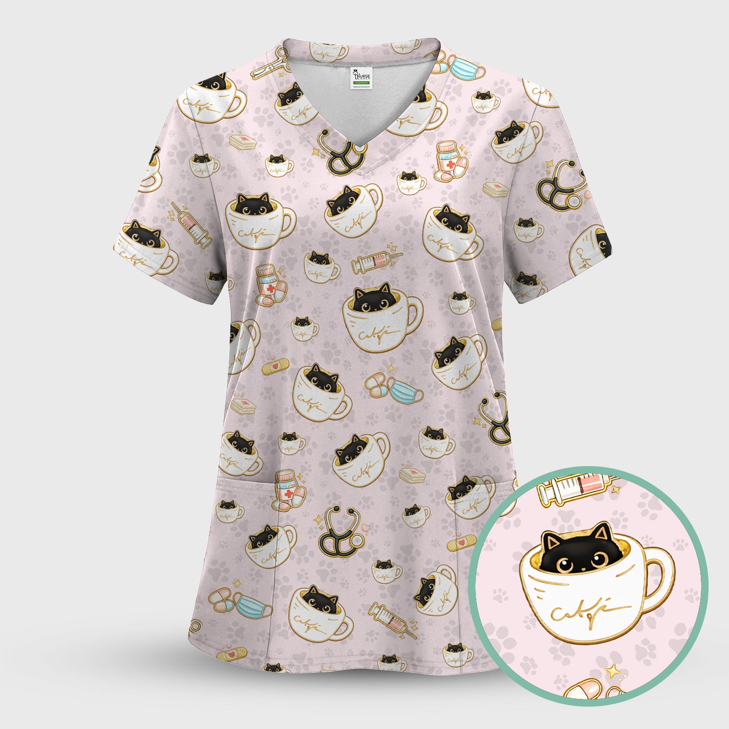 Cute Coffee Cat Medical Print Scrub Top, Breathable Fabrics Nursing Uniform