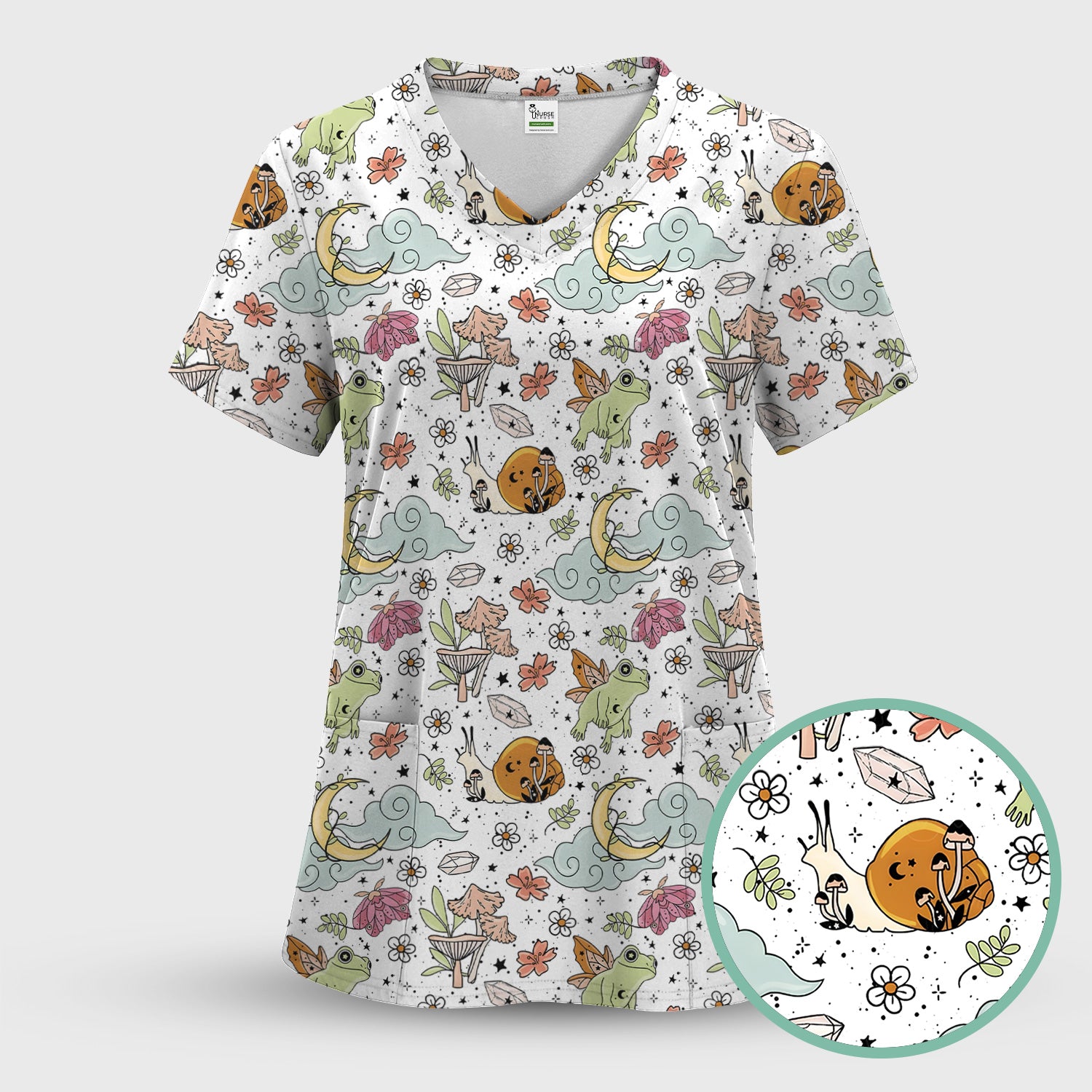 Whimsical Frog Moon Mushroom Pattern Scrub Top, Fantasy Nature Print, Breathable Fabrics Nursing Uniform